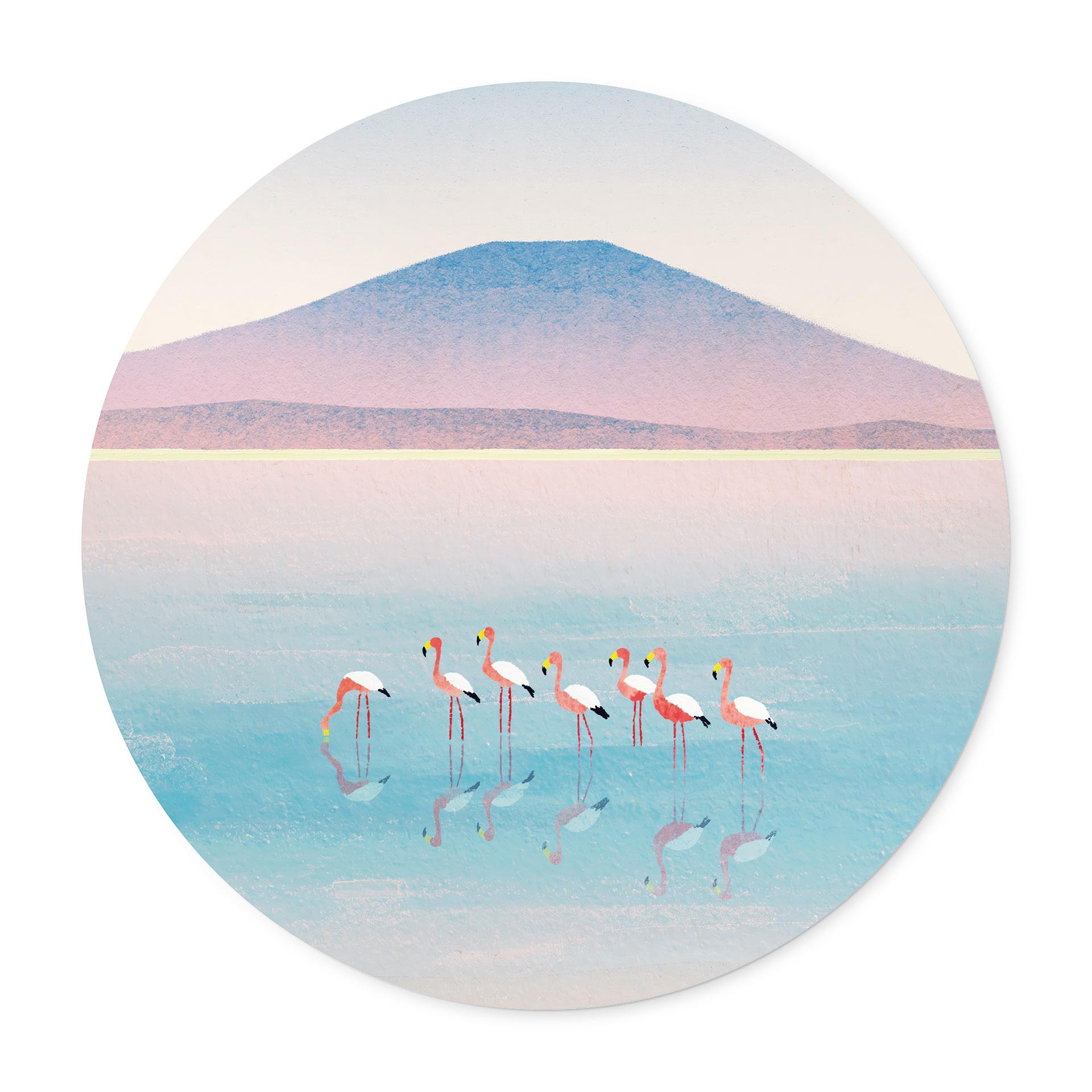Poster Pastellfärgad sjö med flamingos - Rivers - Rund