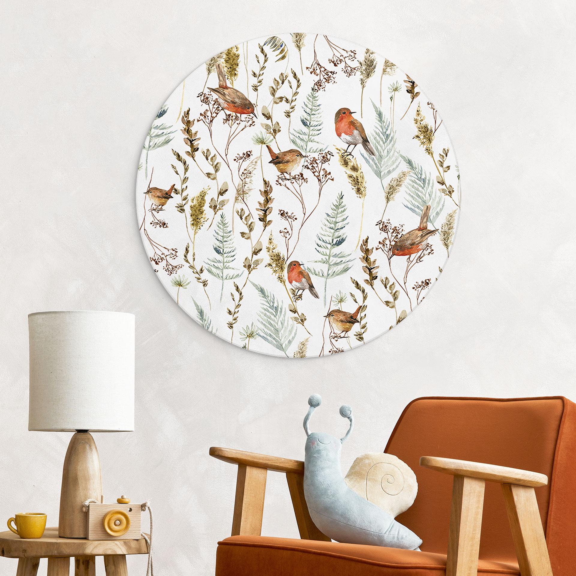Wandbild Spatzen und Rotkehlchen - UN Designs - Rund - Alu-Dibond
