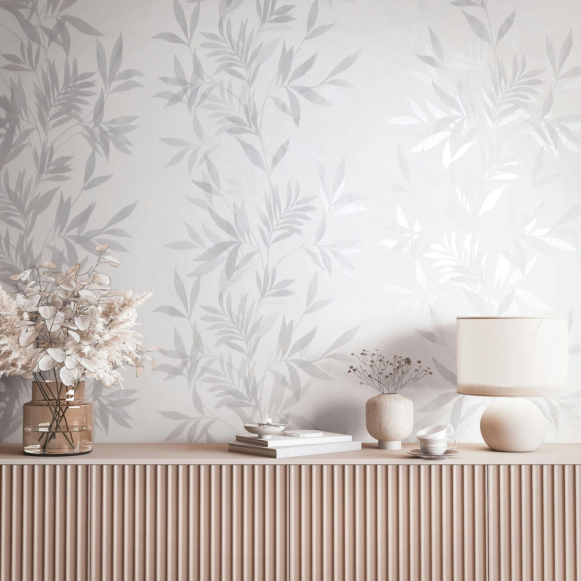 Non-woven tapet i hvid, grå bladmotiv bladlook blomstret natur
