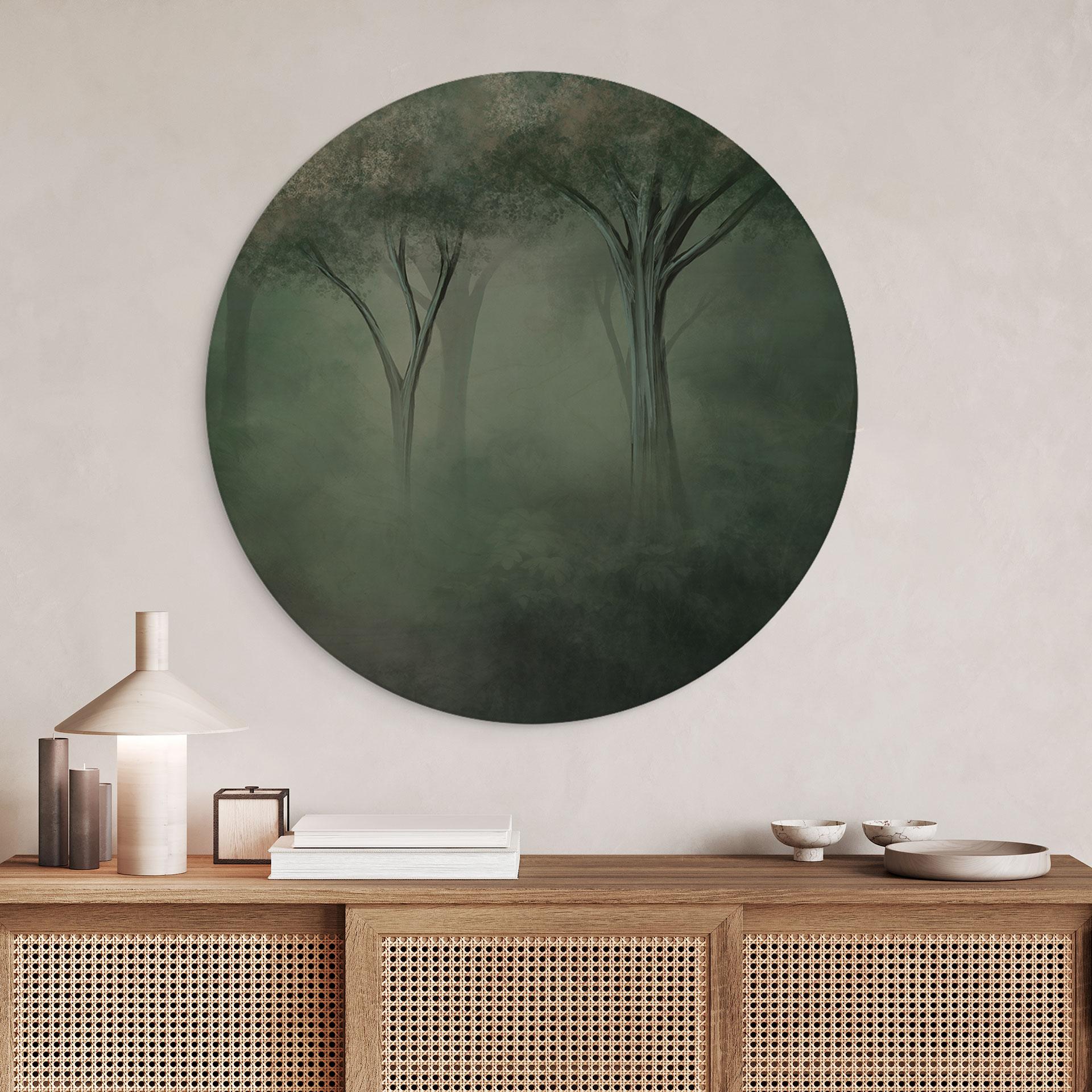 Houten Wanddecoratie bos magie in de ochtendmist groen - Ms Tiff - Rond