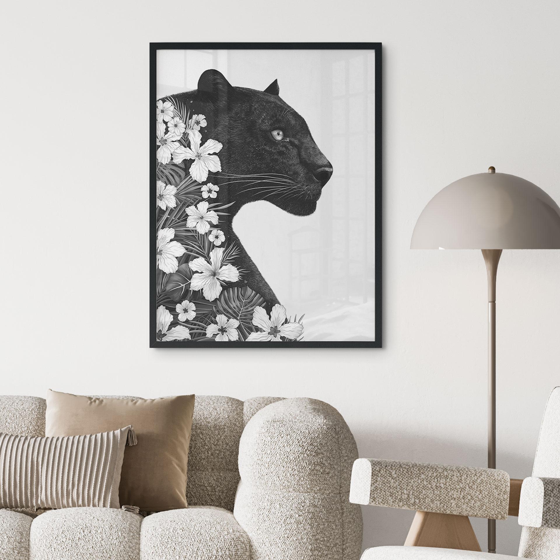 Póster Pantera negra con flores blancas - Korenkova