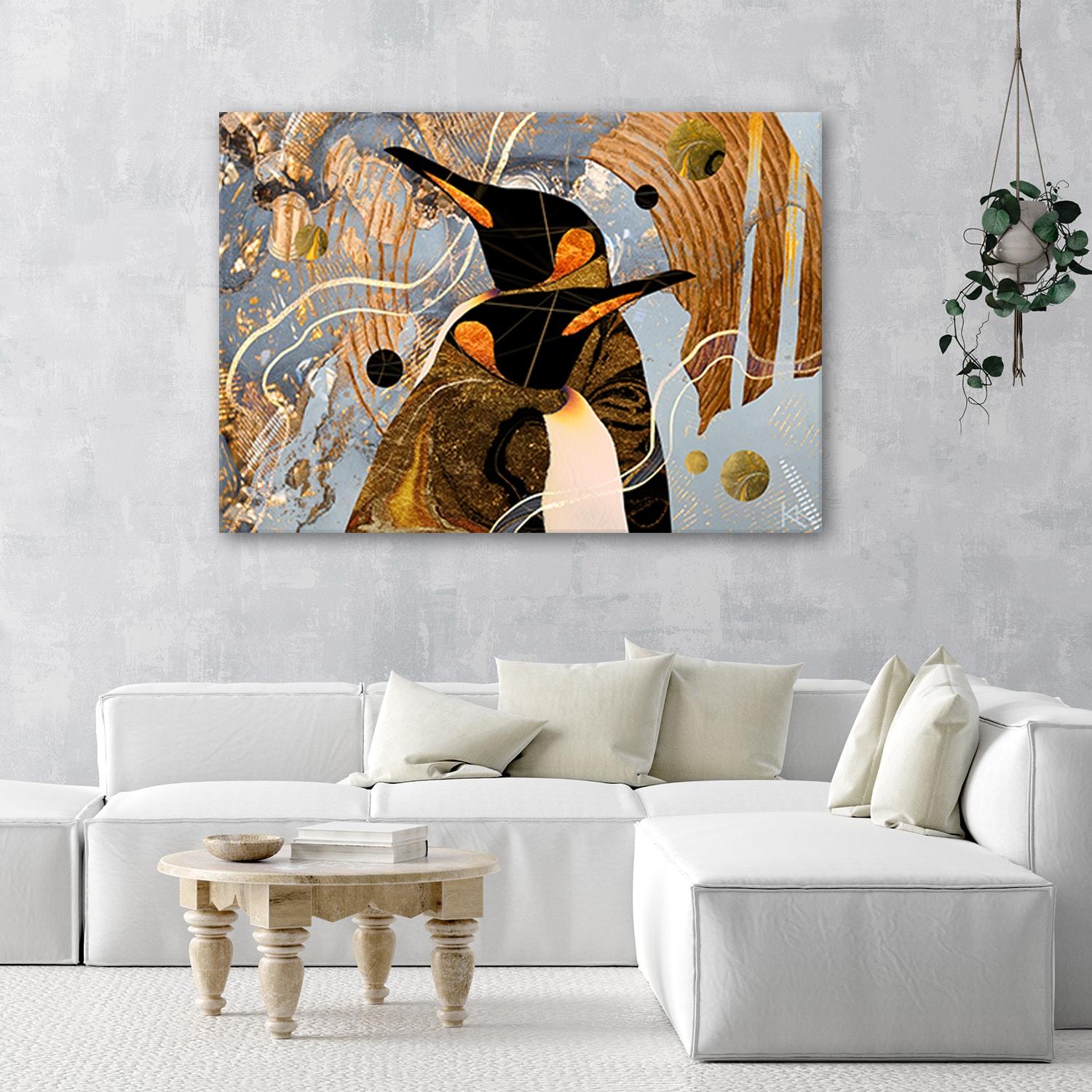 Canvasbillede, abstrakte gyldne pingviner