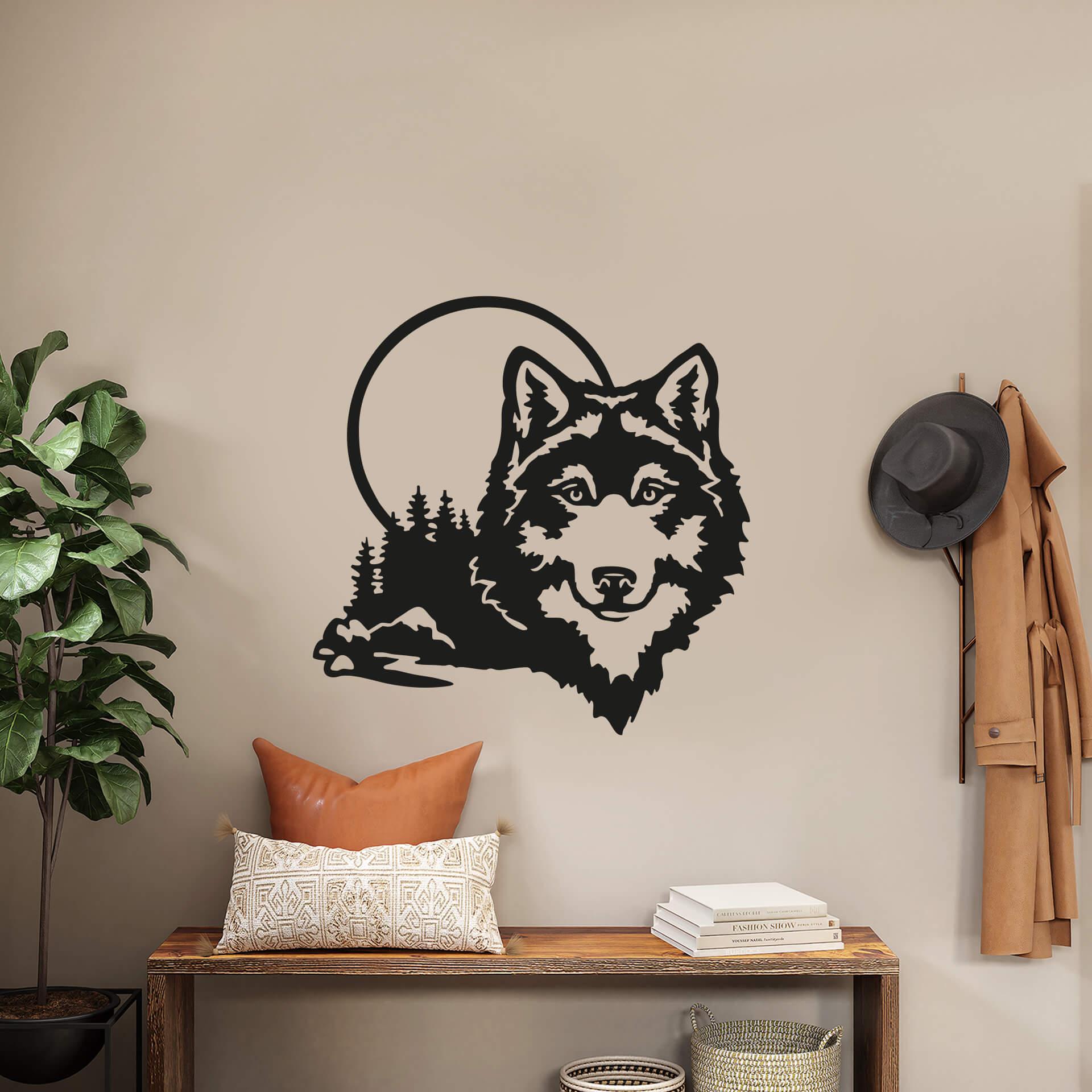 Wandtattoo Wolfskopf vor Mond und Wald