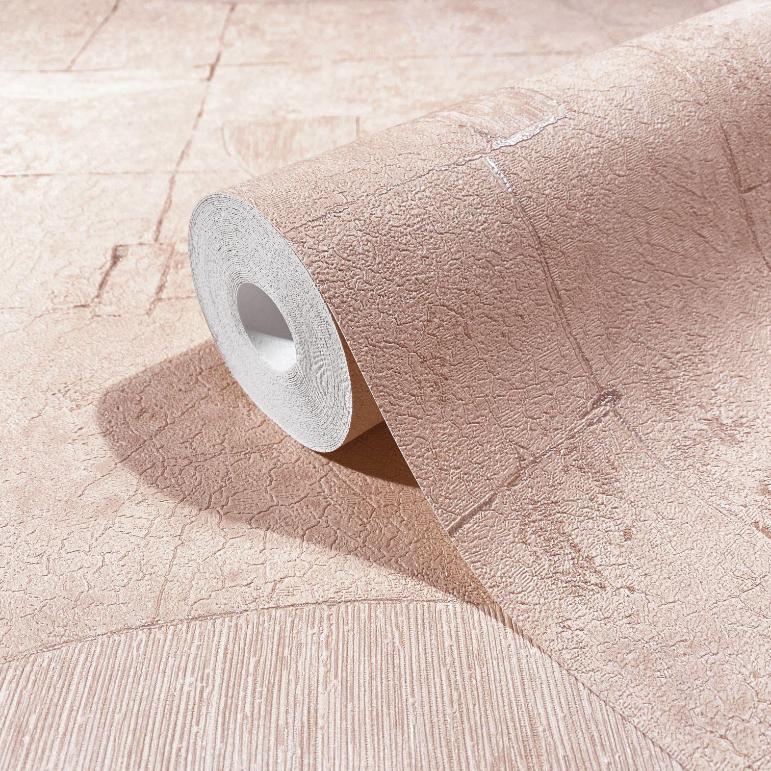 Vliesbehang met gipslook in beige, rode grafische tegels