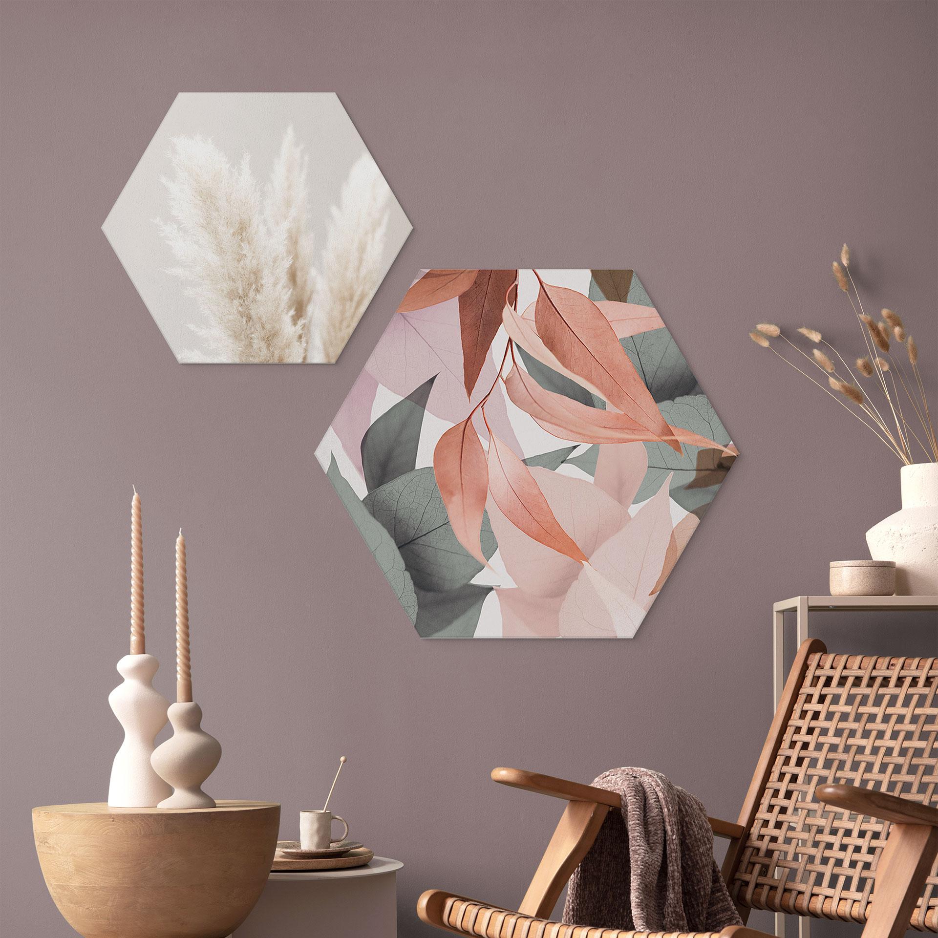 Hexagon Dibond Farverige eukalyptusblade - Sisi & Seb