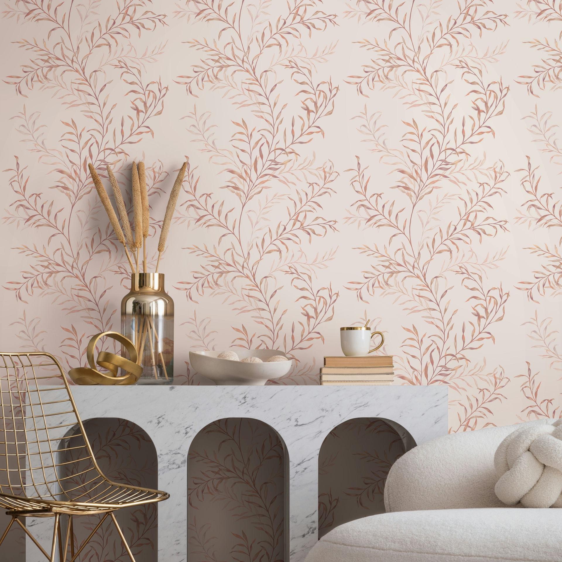Vliesbehang bladeren bloem natuur mat in wit roze beige