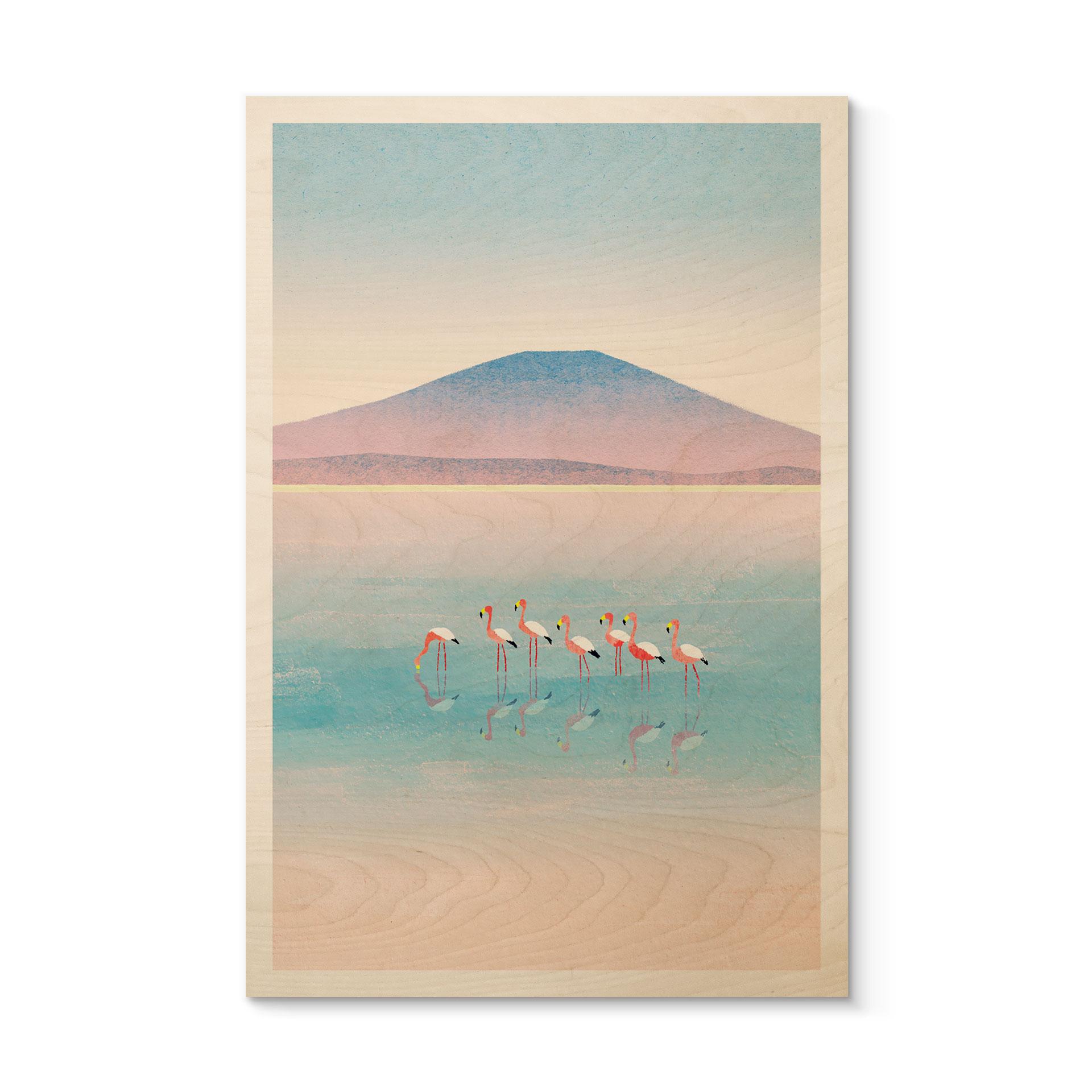 Houten Wanddecoratie Pastelkleurig meer met flamingo's - Rivers