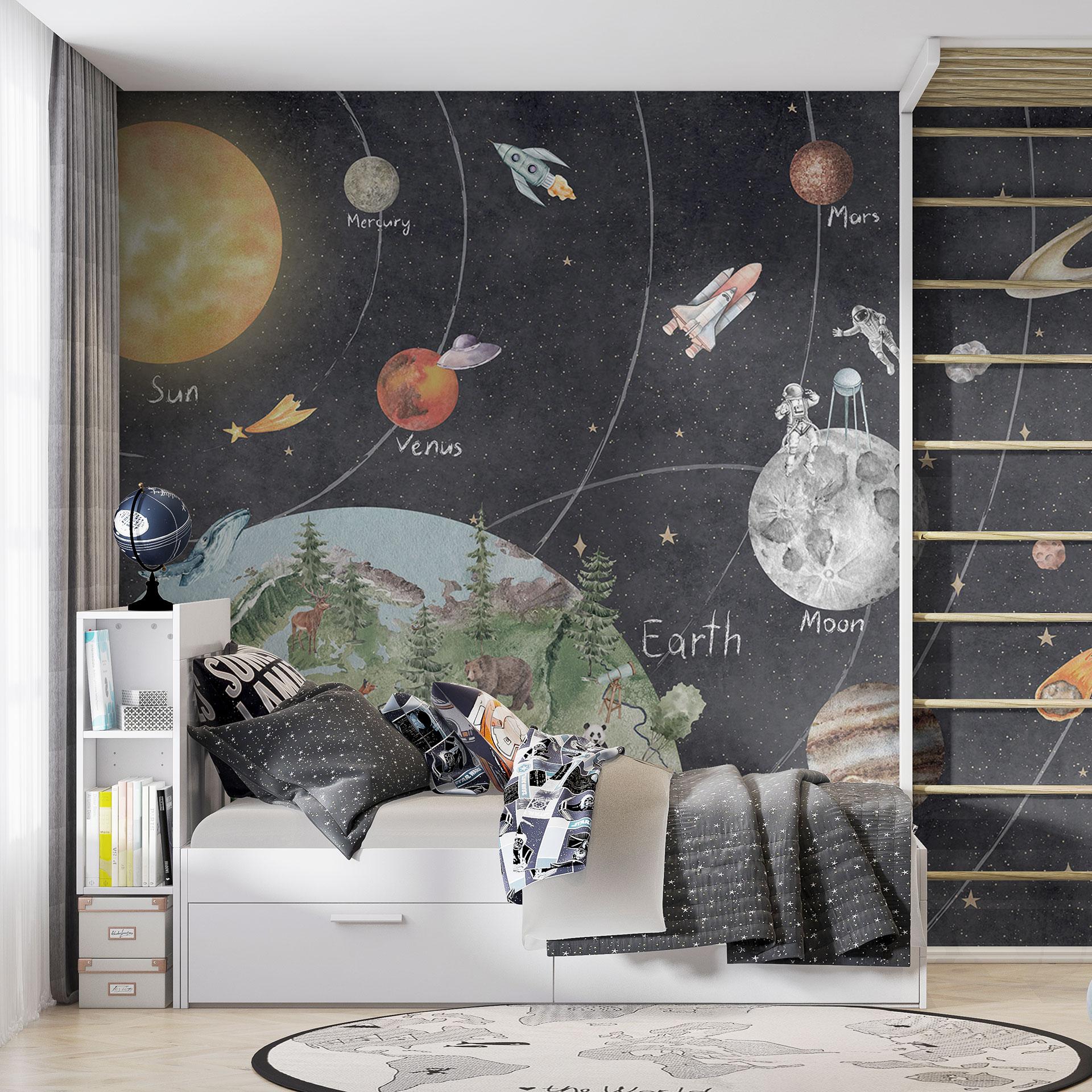 Fotobehang kinderkamer zonnestelsel met planeten en aarde - Ms Tiff