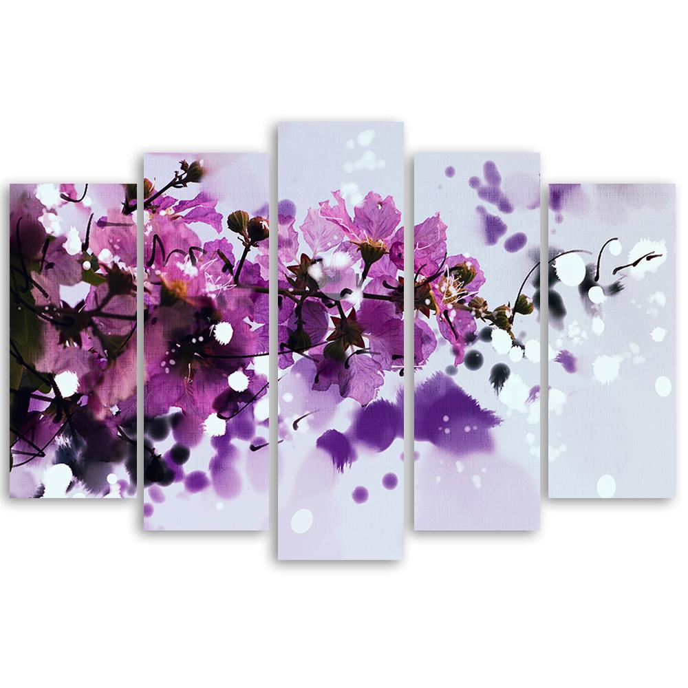 5 stykke lærredstryk, violette naturblomster