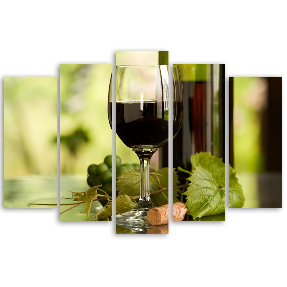 Canvas print 5 delig, rode wijnglas met druiven