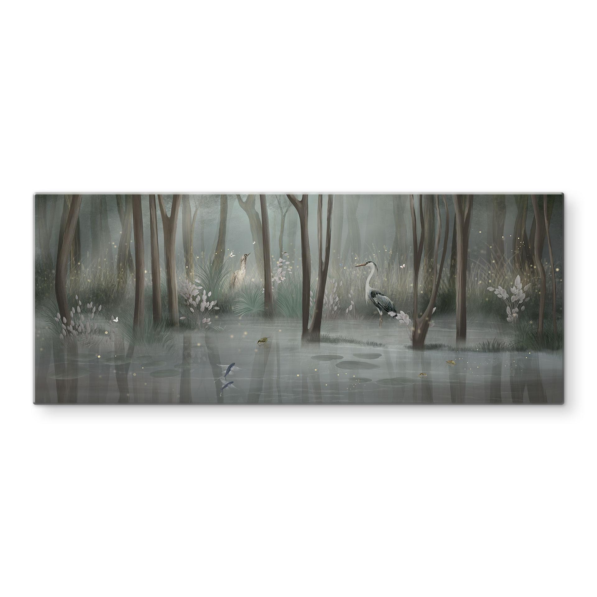 Spritzschutz Nebelwald am See mit Reiher in Grün - Ms Tiff - Panorama