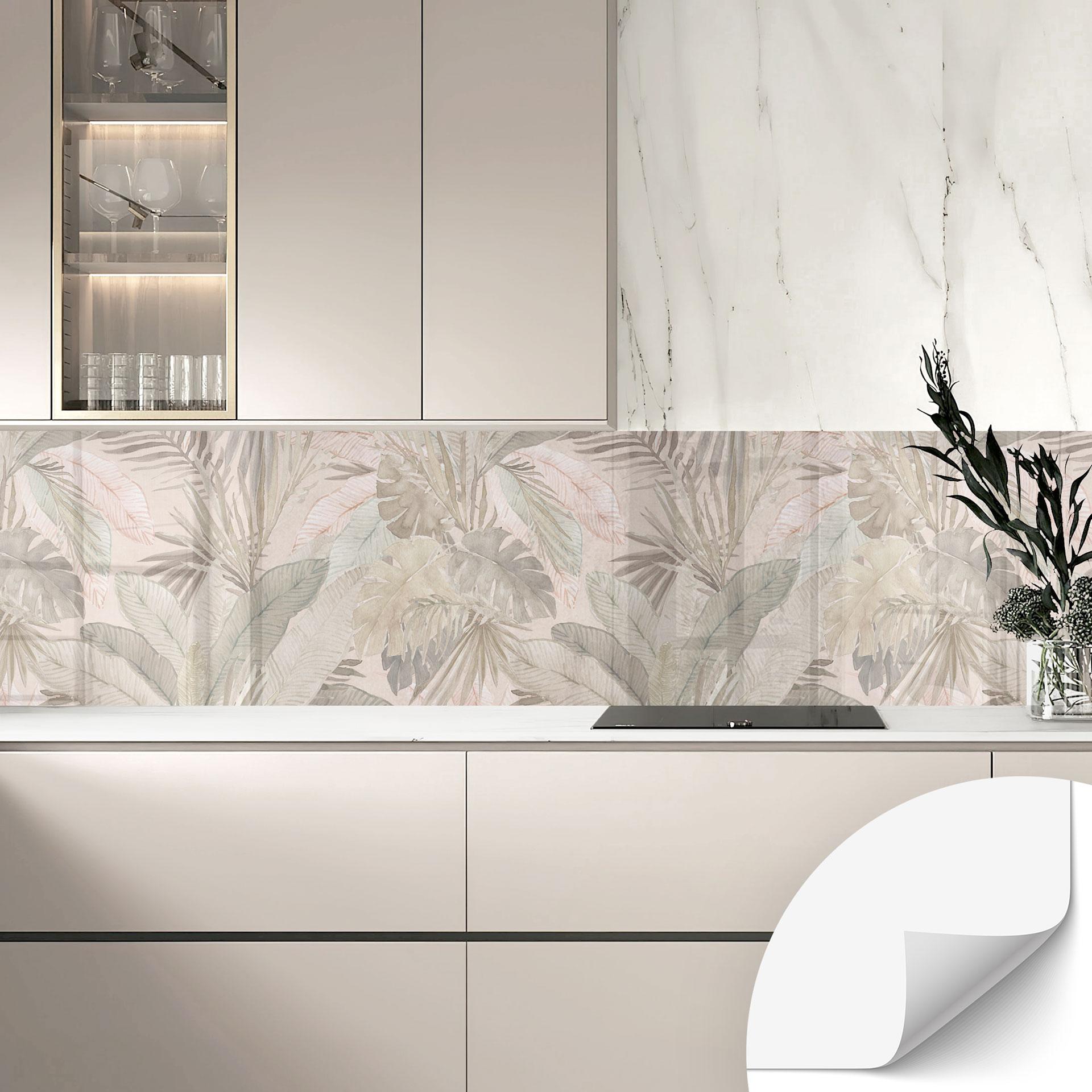 Selvklæbende stænkplade til køkken med tropiske blade i pastelfarvet jungle - Bloomery Decor