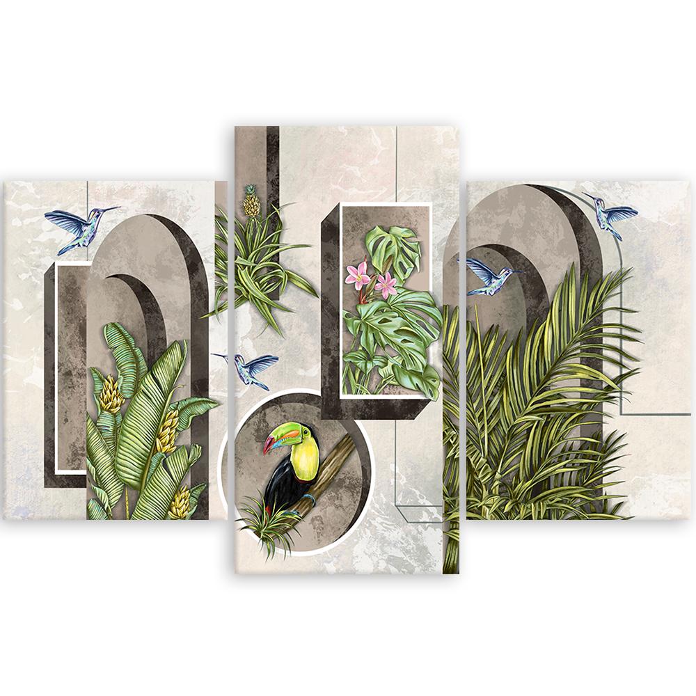 Lærred print 3 stykker, former i væggen med planter og fugle Toucan Koliber