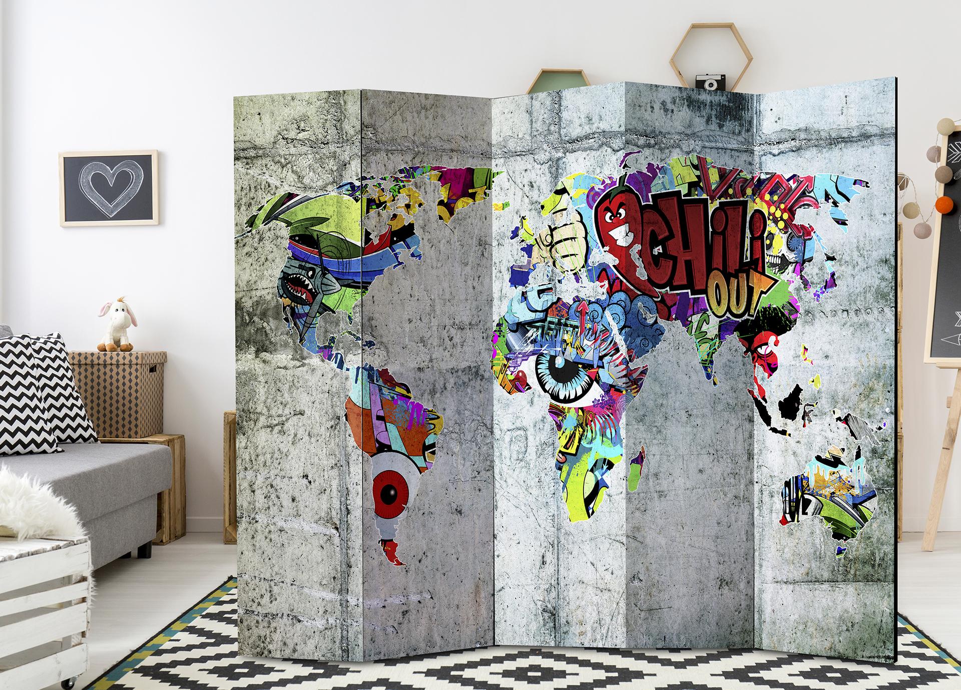 Divisorio per sala - Mappa del mondo - Graffiti del mondo, 5 pezzi - 225x172 cm