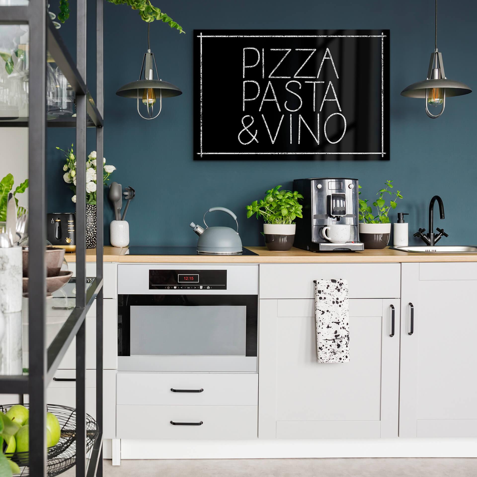 Acrylglasbild Pizza Pasta & Vino schwarz