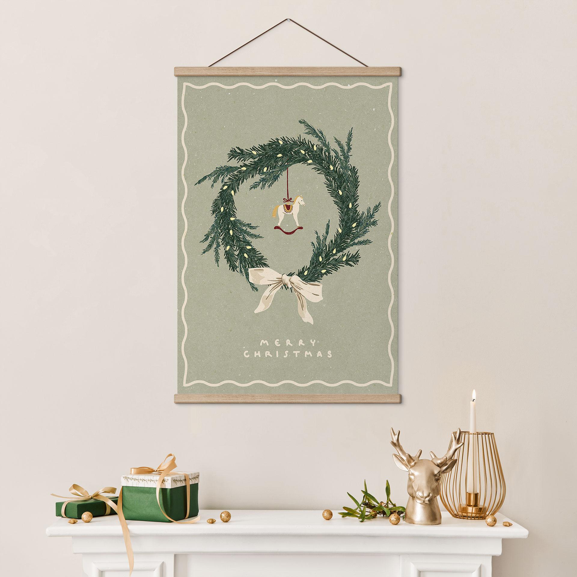 Textielposter kerstkrans met hobbelpaard - NKTN