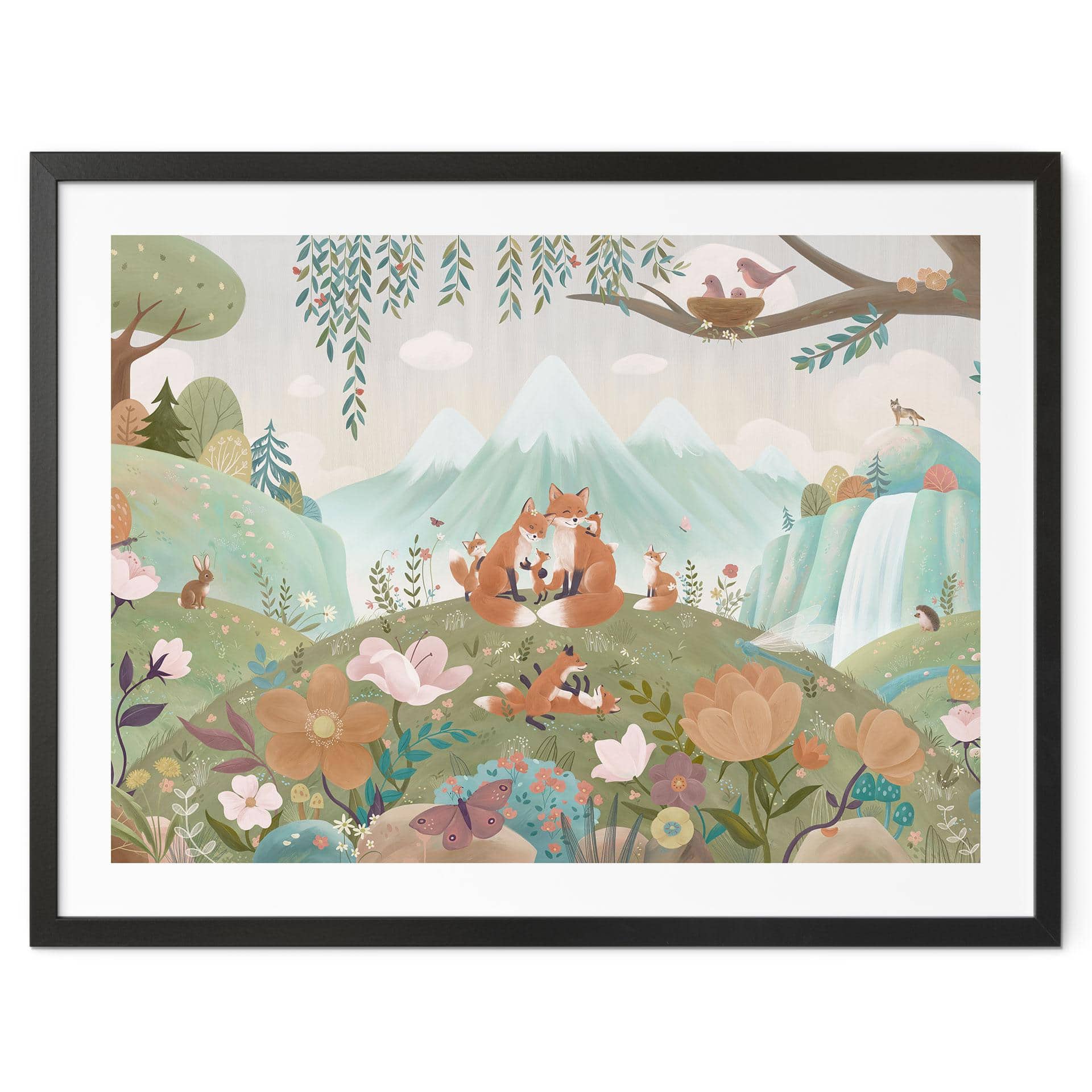 Poster Vossenfamilie op de Bloemenweide - Oliver Robins