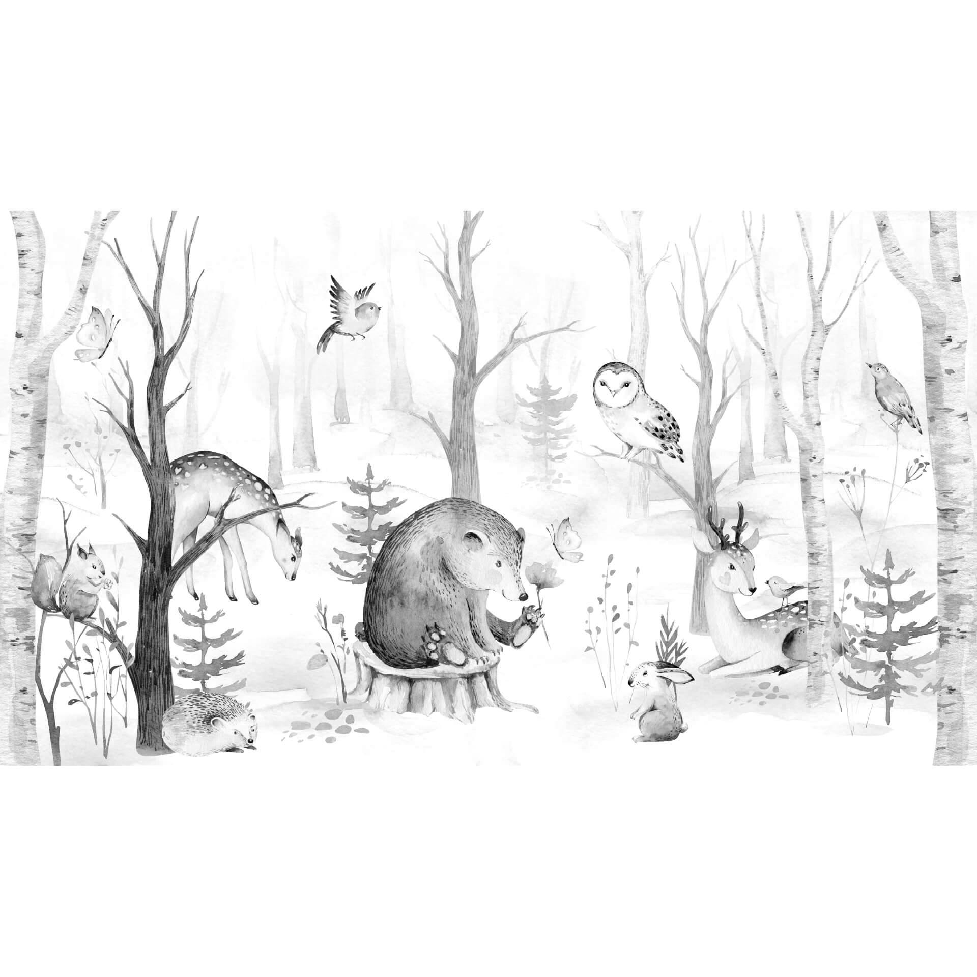 Fotobehang Kvilis - Dierenvrienden in het Bos zwart-wit
