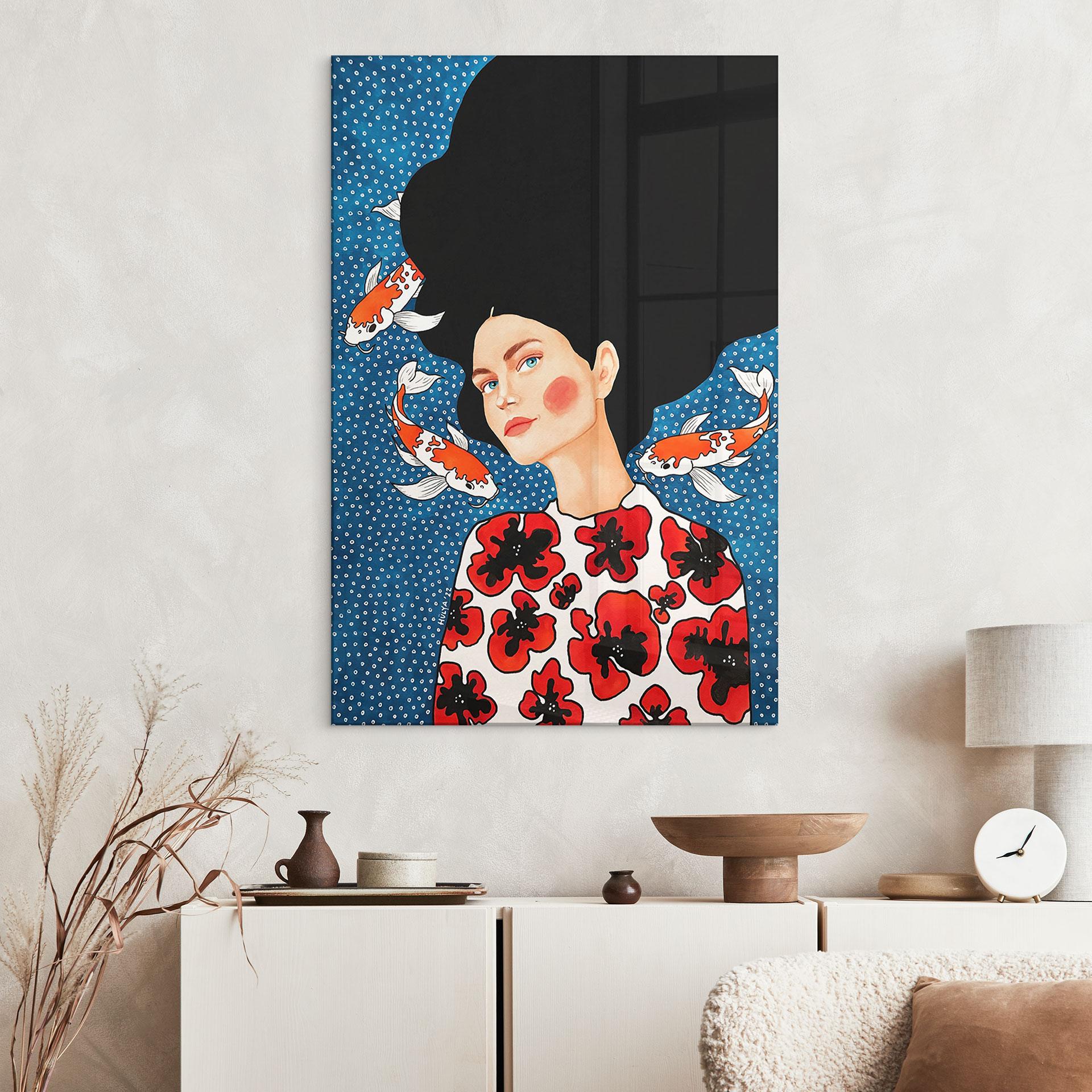 Akrylbillede Kvinde i blomsterkjole med koi - Hülya