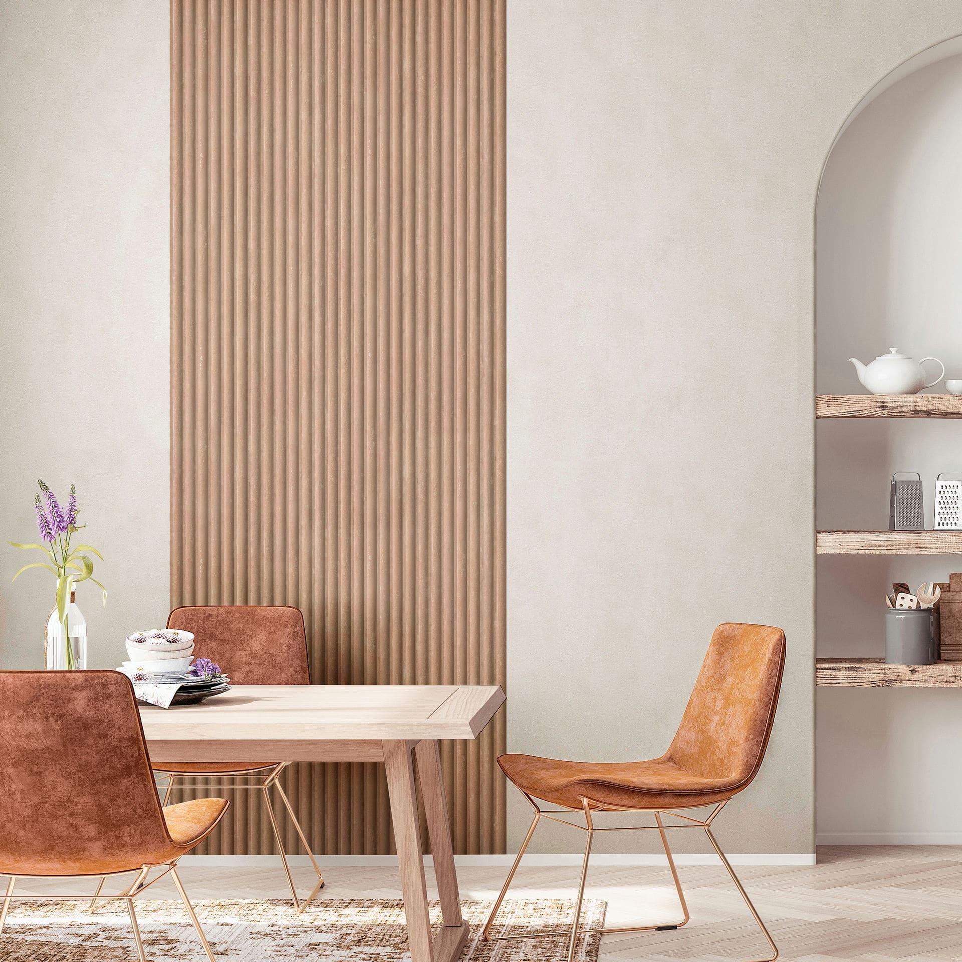 Ikke-vævet tapet i brun beige 3D-look akustikpanel-look træstriber klassisk