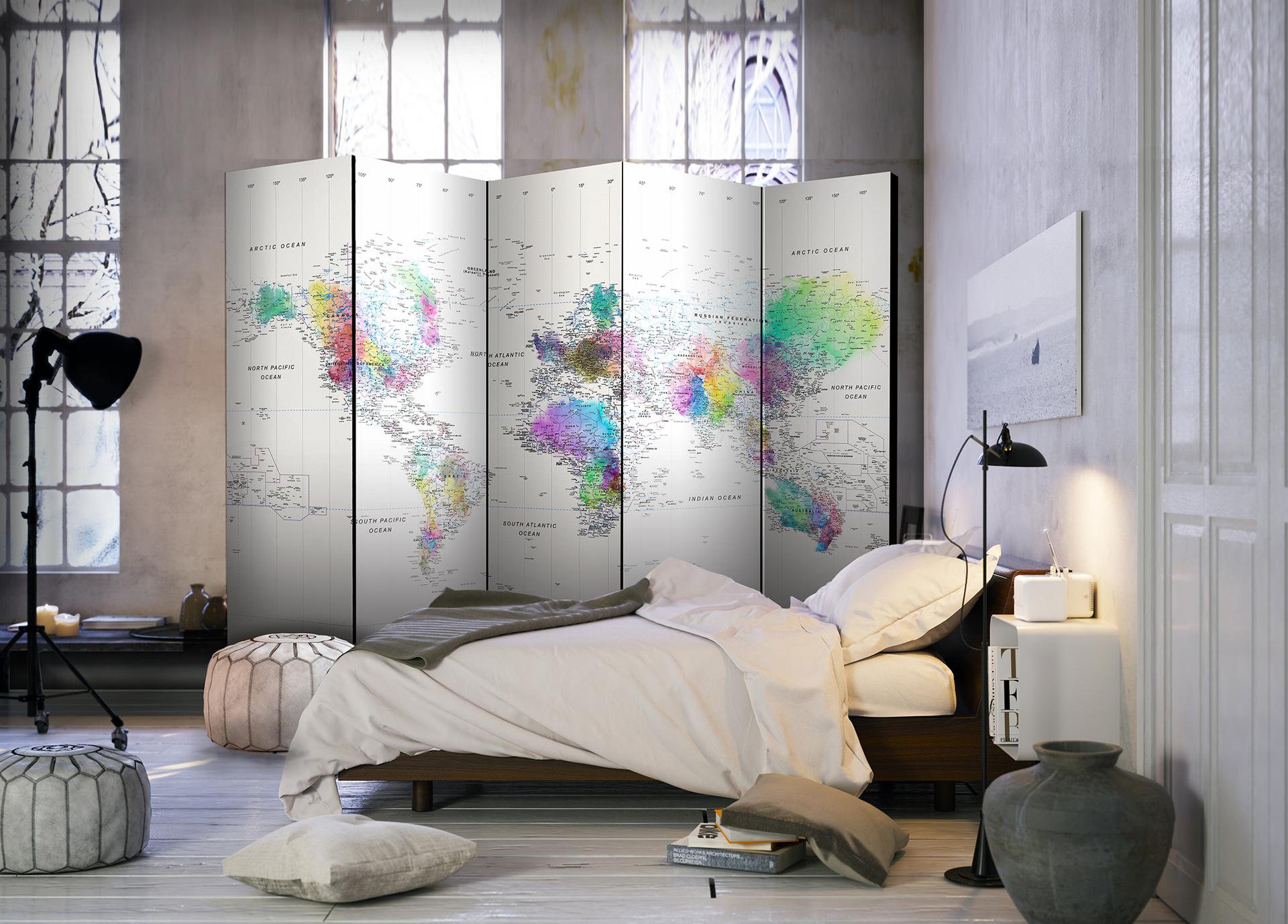 Divisorio - Mappamondo su sfondo bianco, 5 pezzi - 225x172 cm
