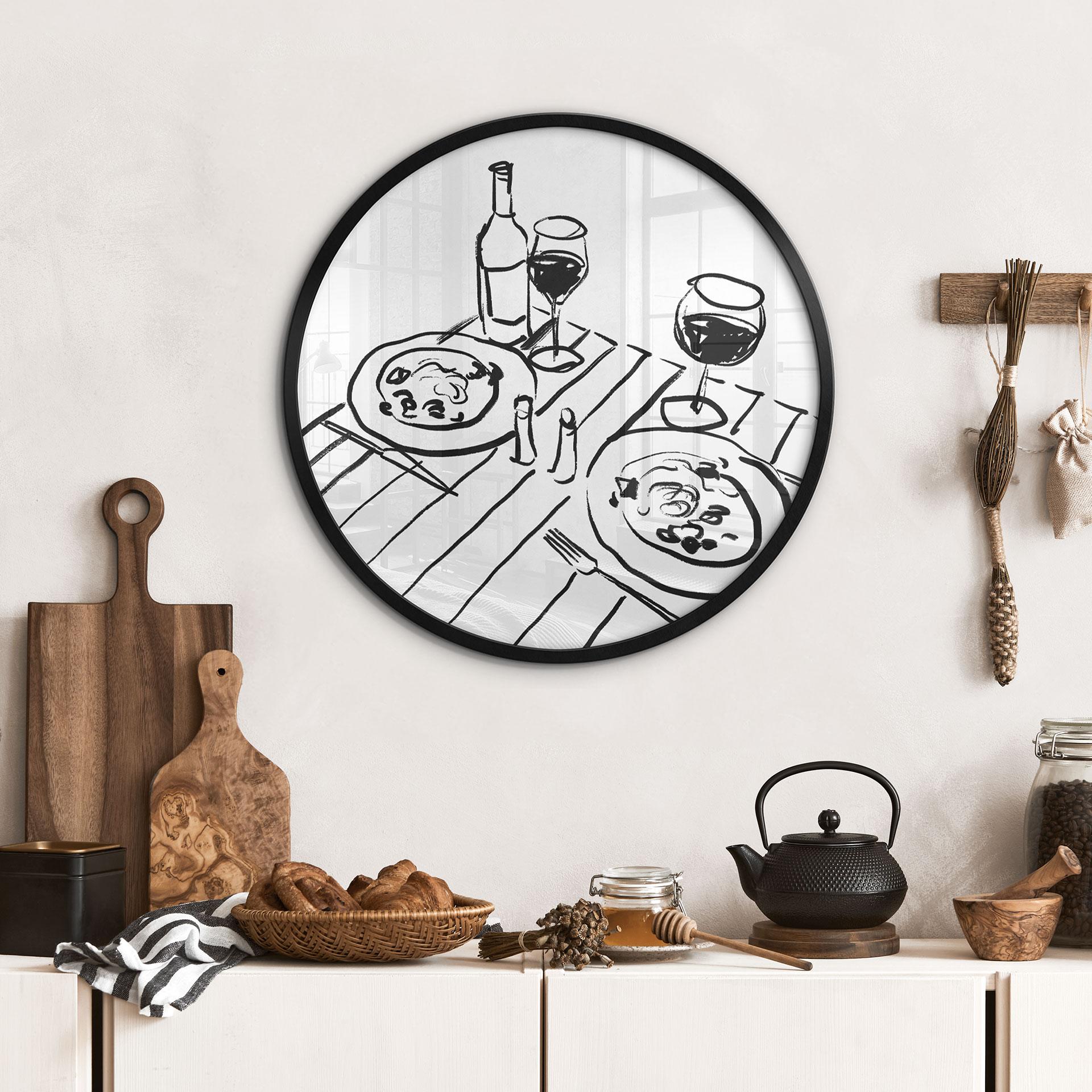 Sort-hvid plakat stilleben middag med vin - Treechild - Round