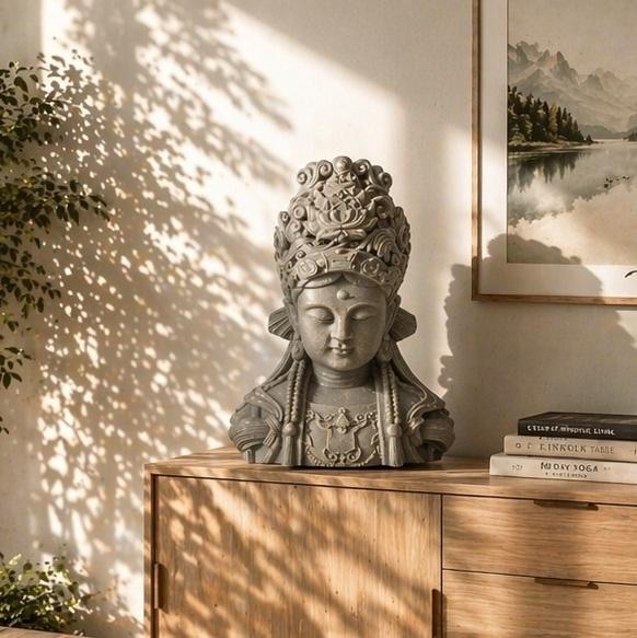 Buddha Büste aus Kunststein, betongrau | 34x21x44 cm