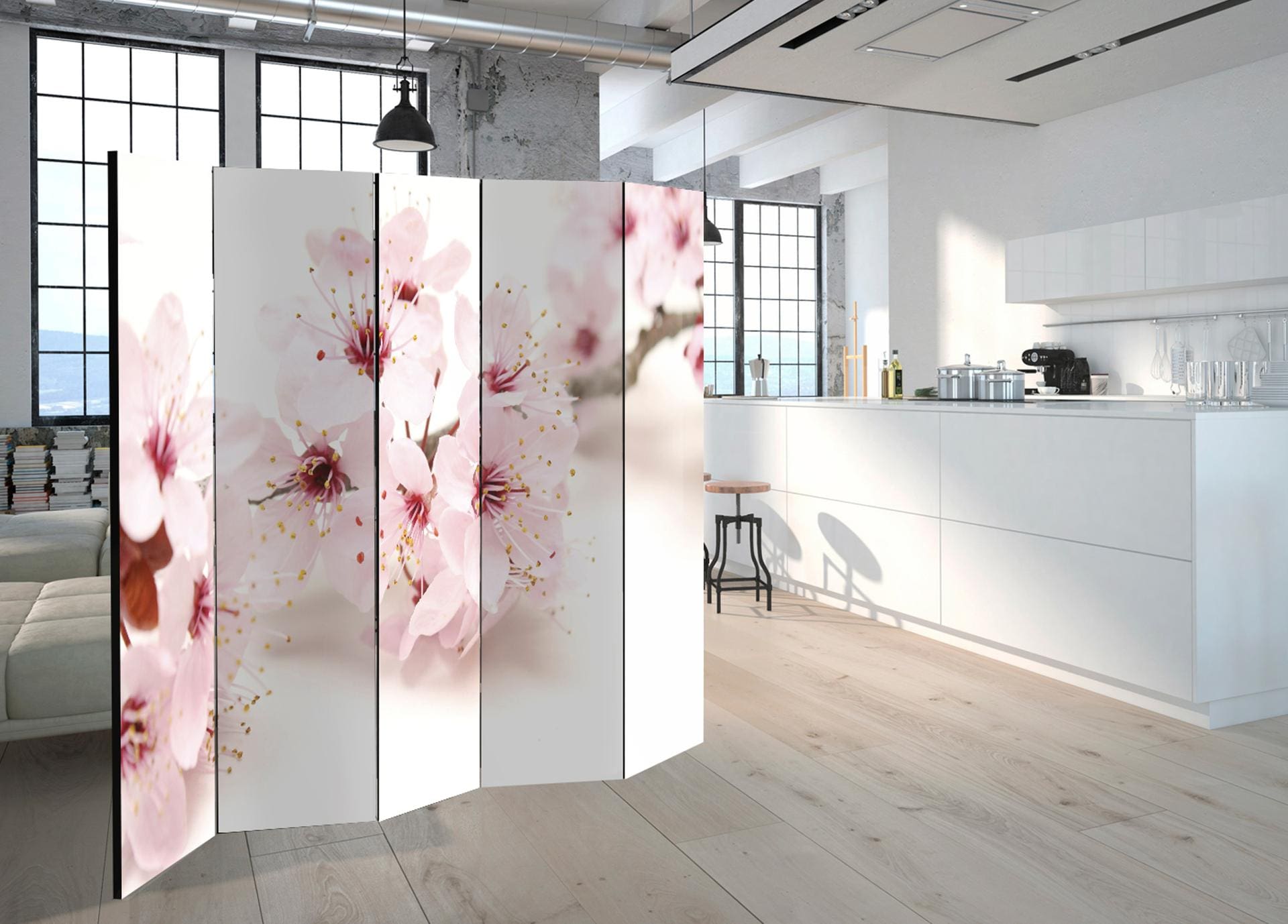 Schermo divisorio - Fiori di ciliegio, 5 pezzi - 225x172 cm