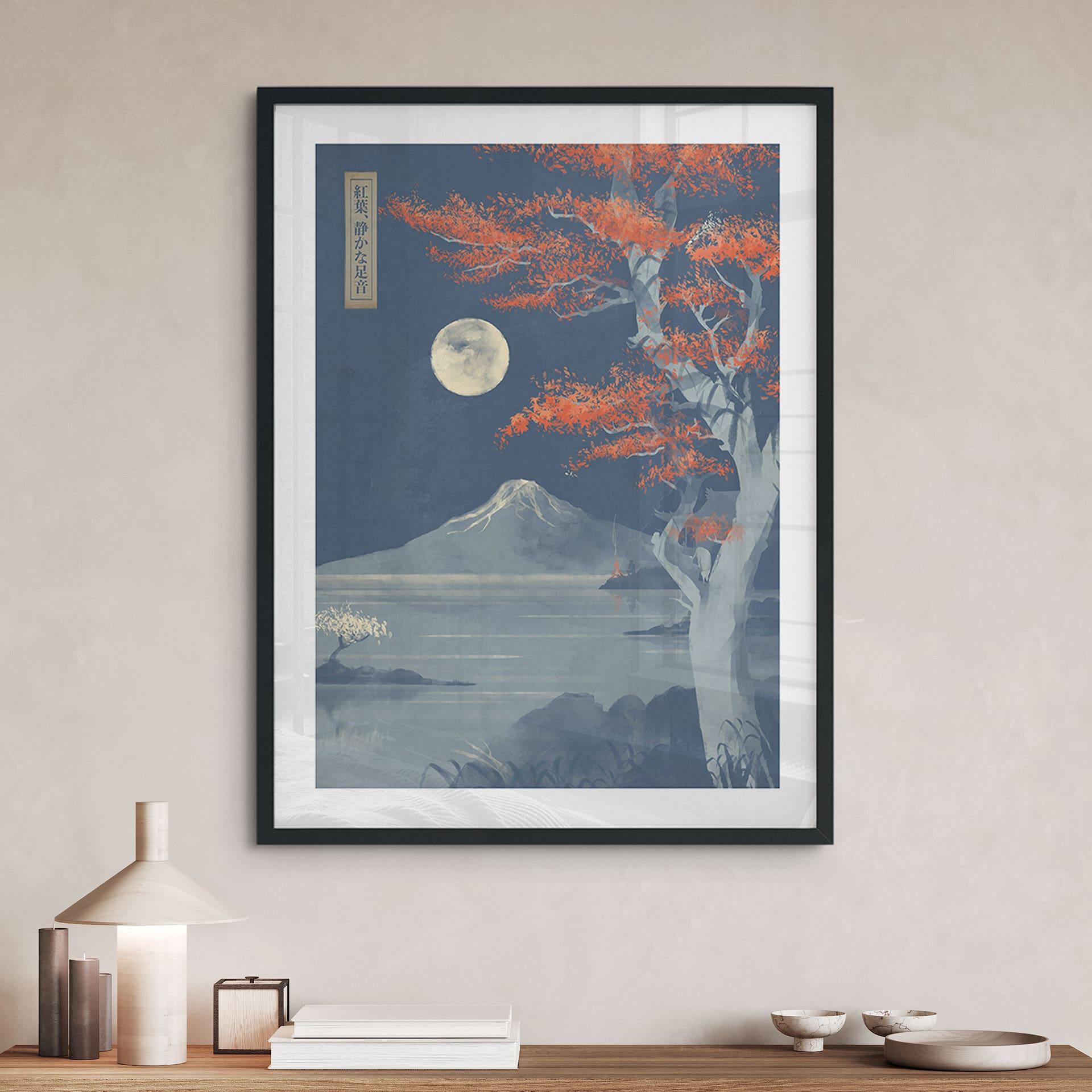 Poster Japan - Vollmond über dem Gipfel des Fuji-san - Roze