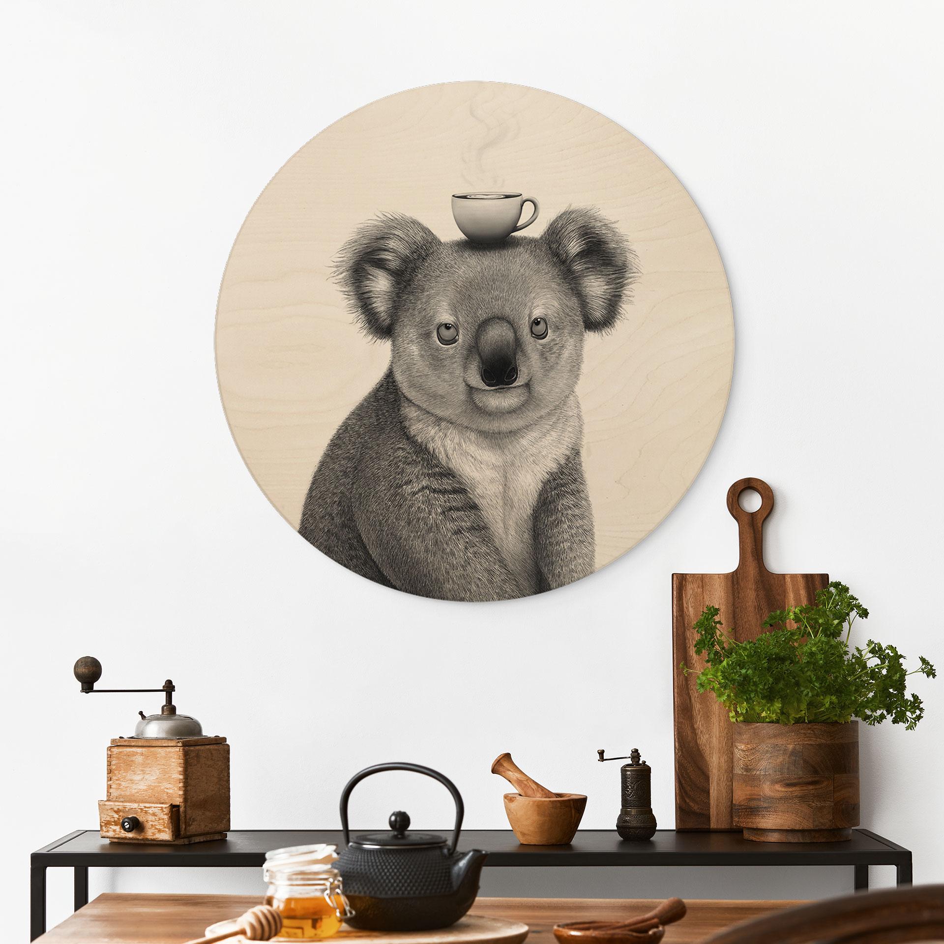 Okrągły drewniany obraz Koala z kawą - Korenkova
