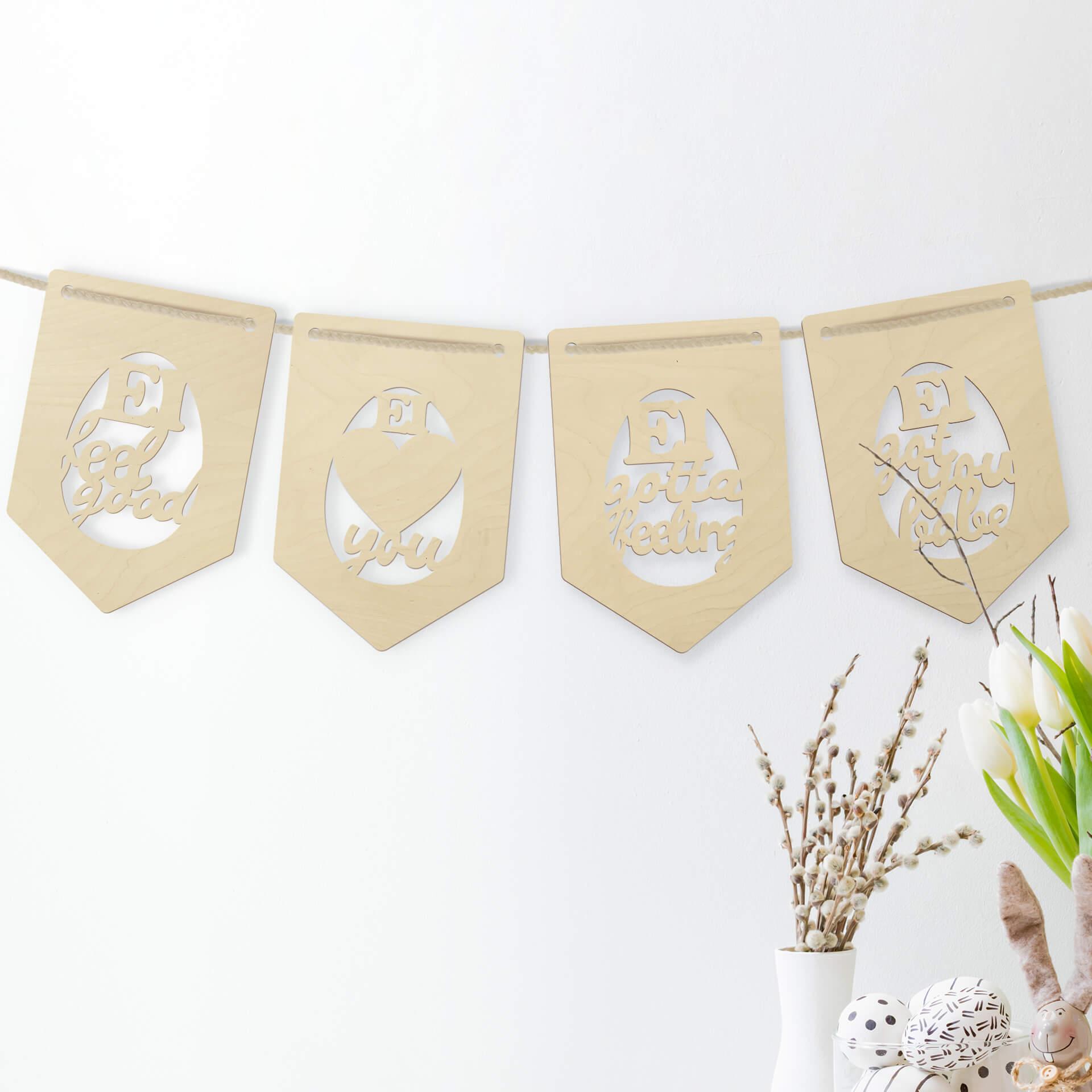 Decoración en madera álamo - cadena de banderines de Pascua - refranes (set de 4) incl. cuerda de al