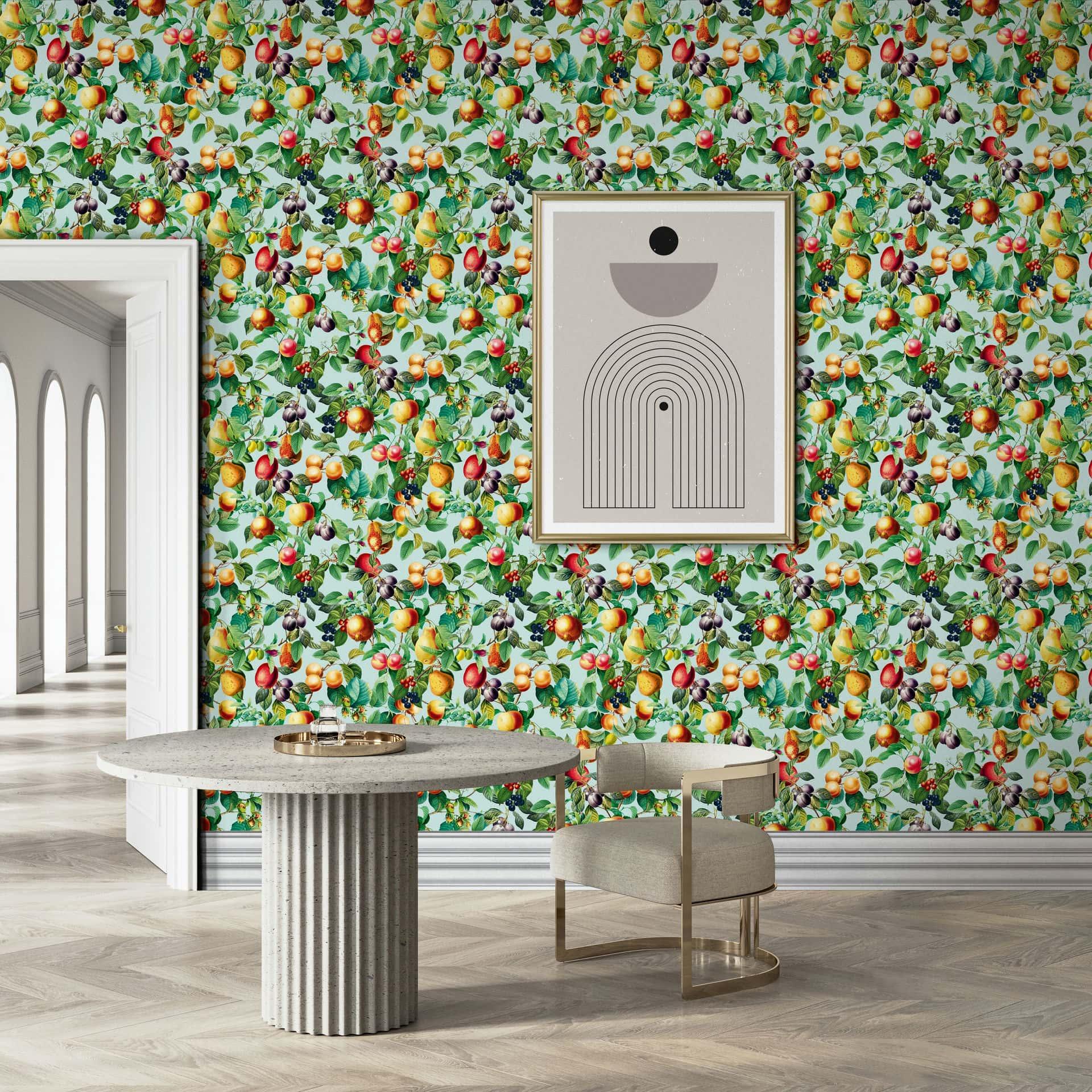 Vliesbehang fruit, bladeren bloemen natuur mat in blauw