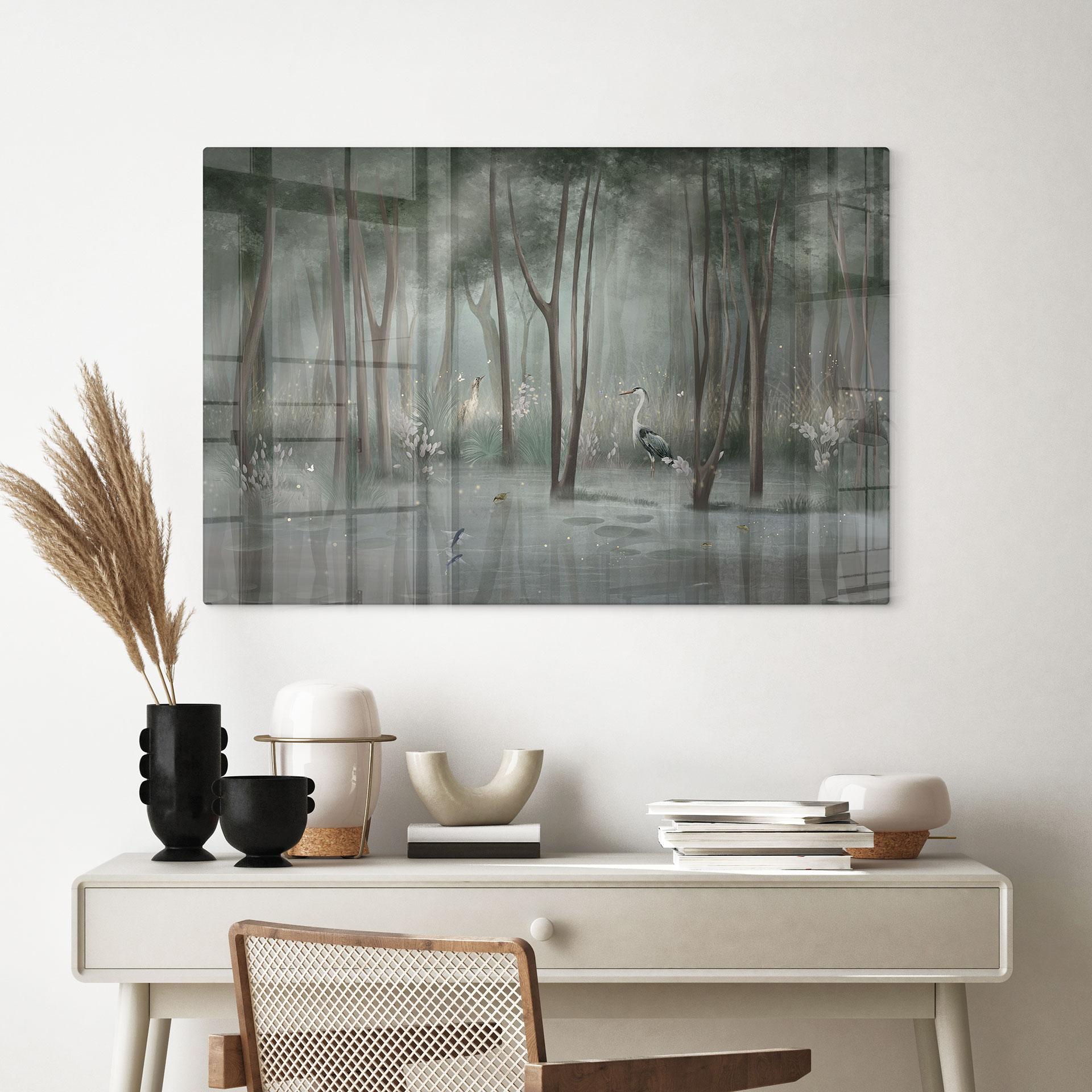 Glasbild Nebelwald am See mit Reiher in Grün - Ms Tiff