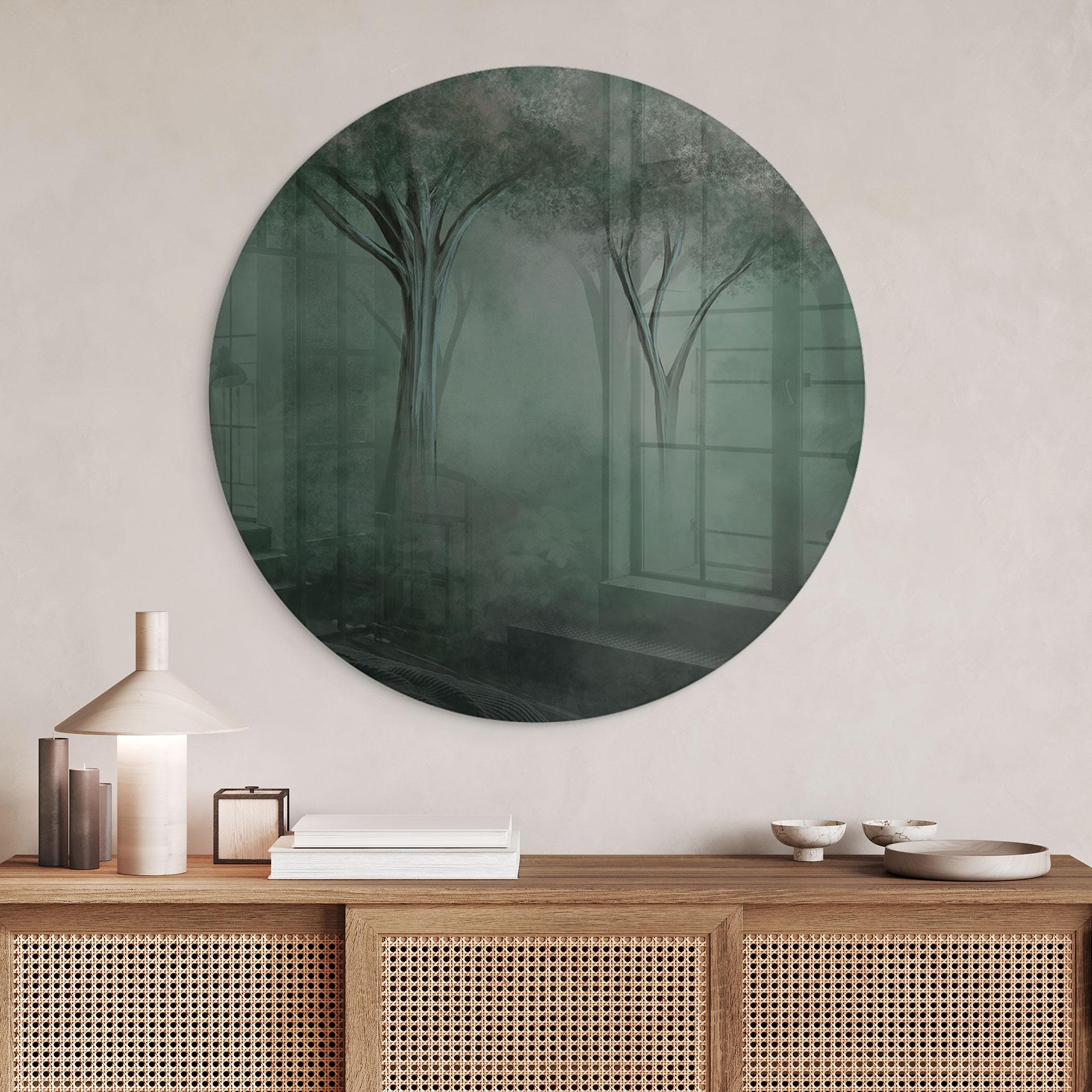 Glasbild Waldmagie im Morgennebel Grün - Ms Tiff - Rund