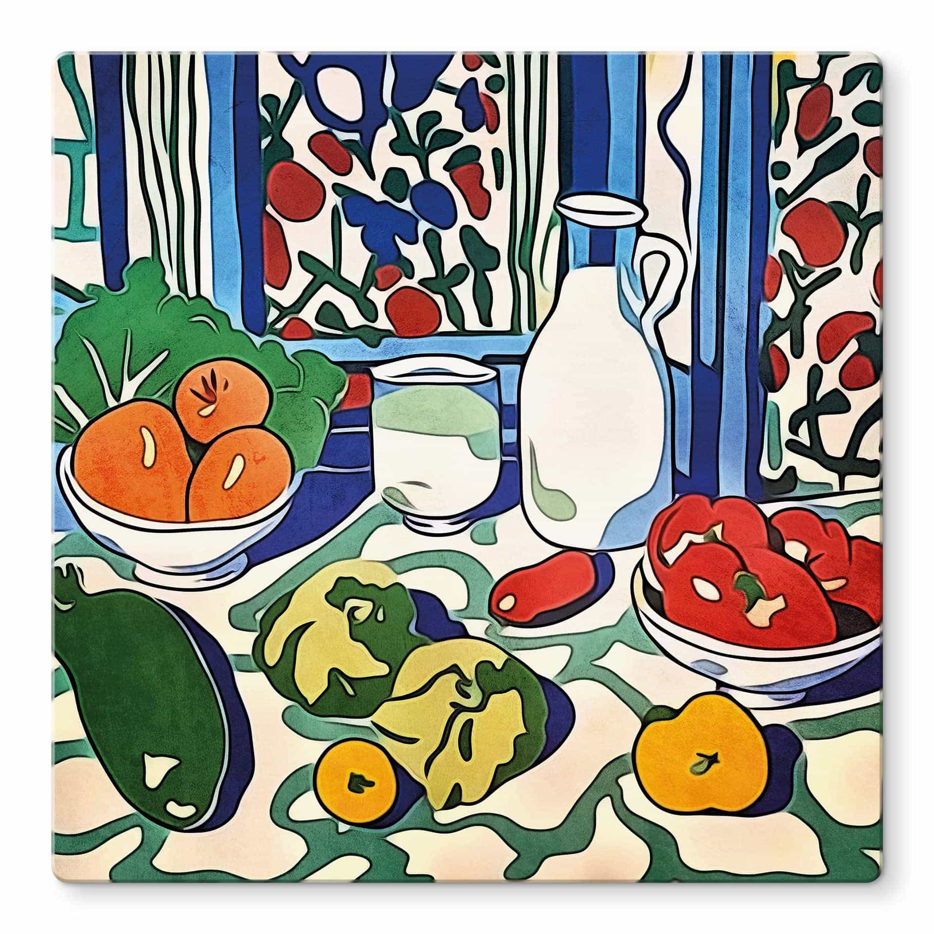 Glasbillede - Frugt og grøntsager på køkkenbordet - Inspireret af Matisse - Zamart