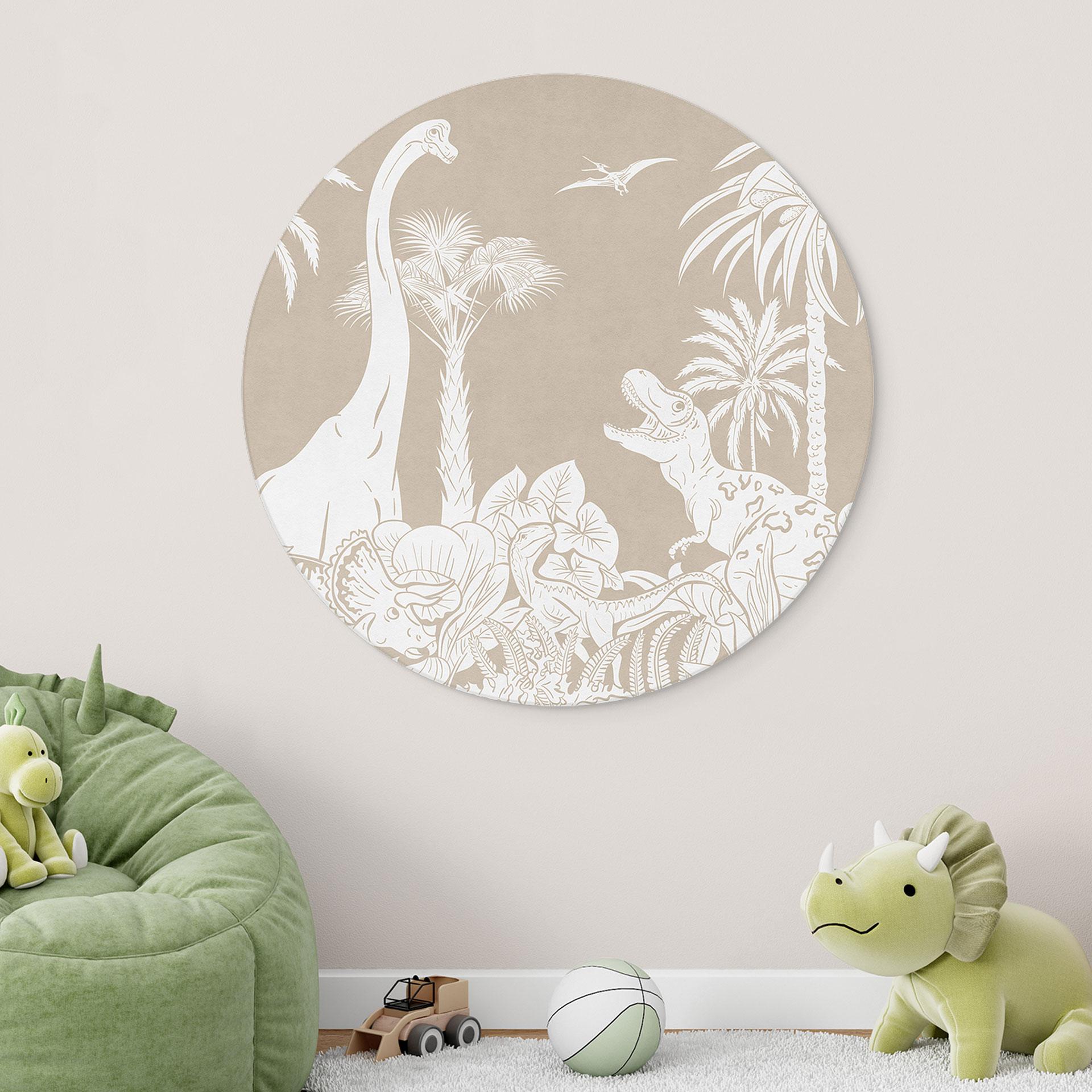 Rundes Wandbild Dinosaurier im wilden Dschungel - Braun - Kikki Belle - Alu-Dibond
