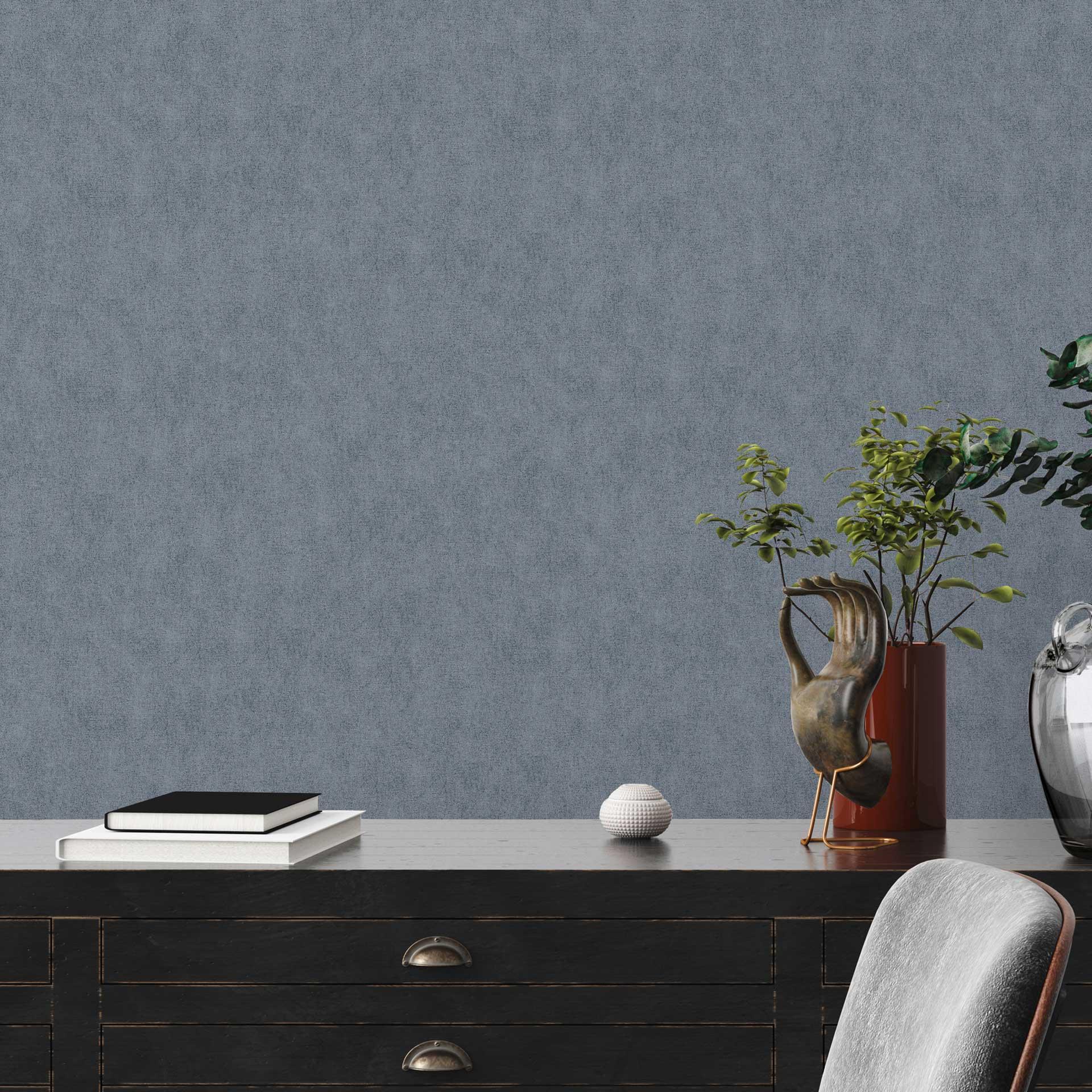 effen behang met glans blauw - vliesbehang met textiel look
