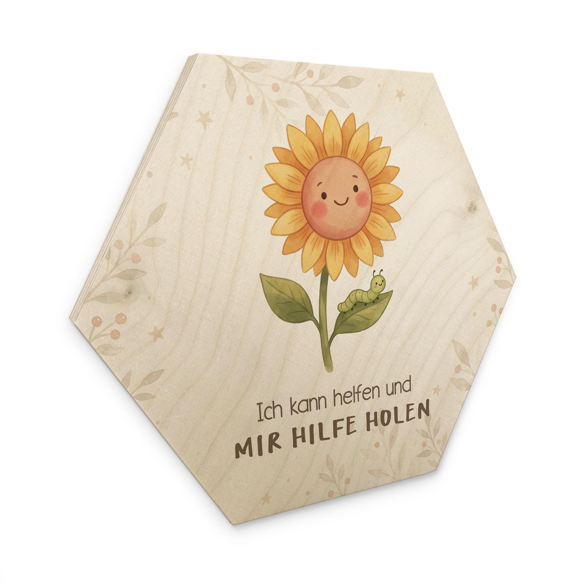 Holzbild Hexagon mit Sonnenblume und Raupe - Bestärkung 'Ich kann helfen'