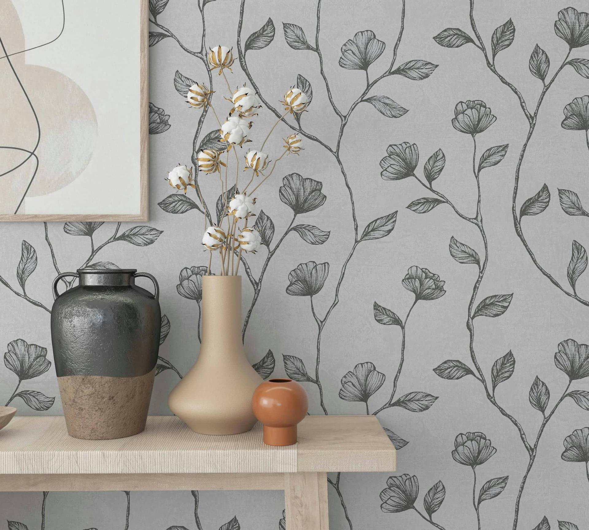 non-woven tapet grå sølv blomster til stue soveværelse køkken marburg tapet