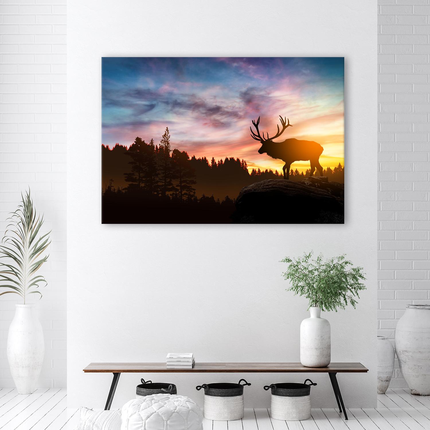 Canvasbillede, Hjort ved solnedgang