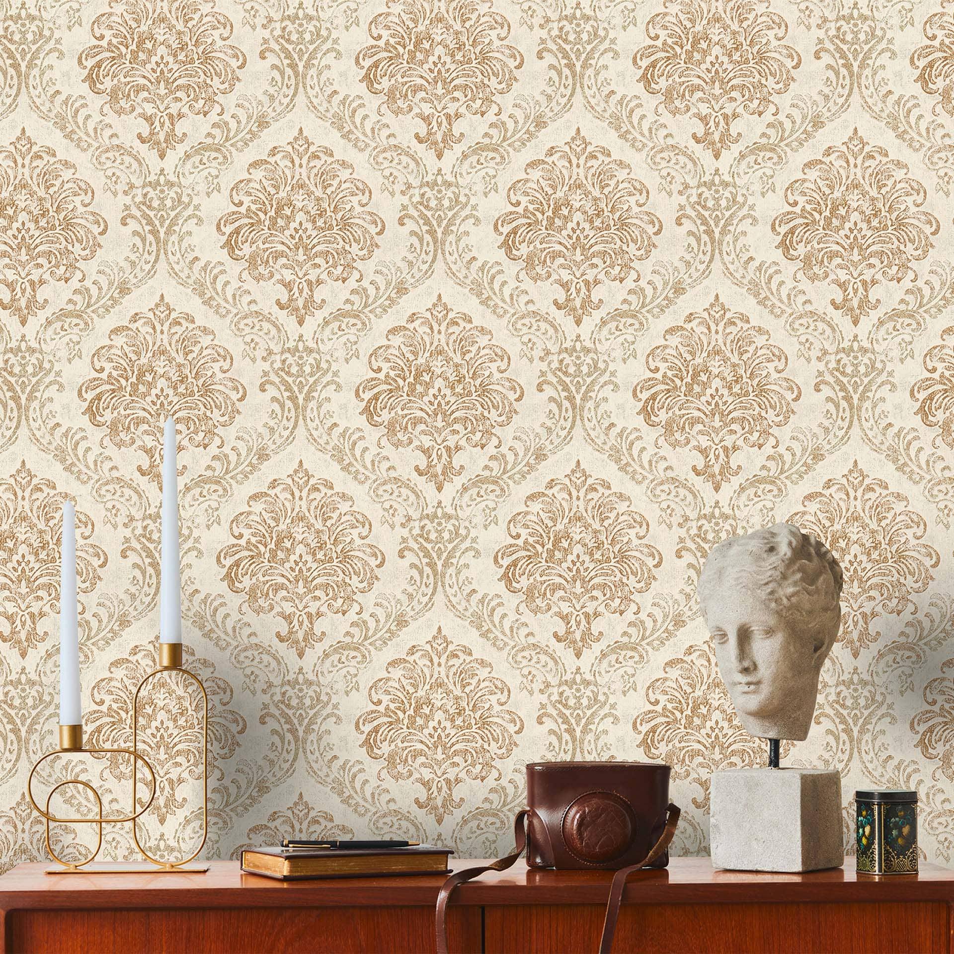 behang barok wit, goud met ornamenten - vintage design vliesbehang metallic