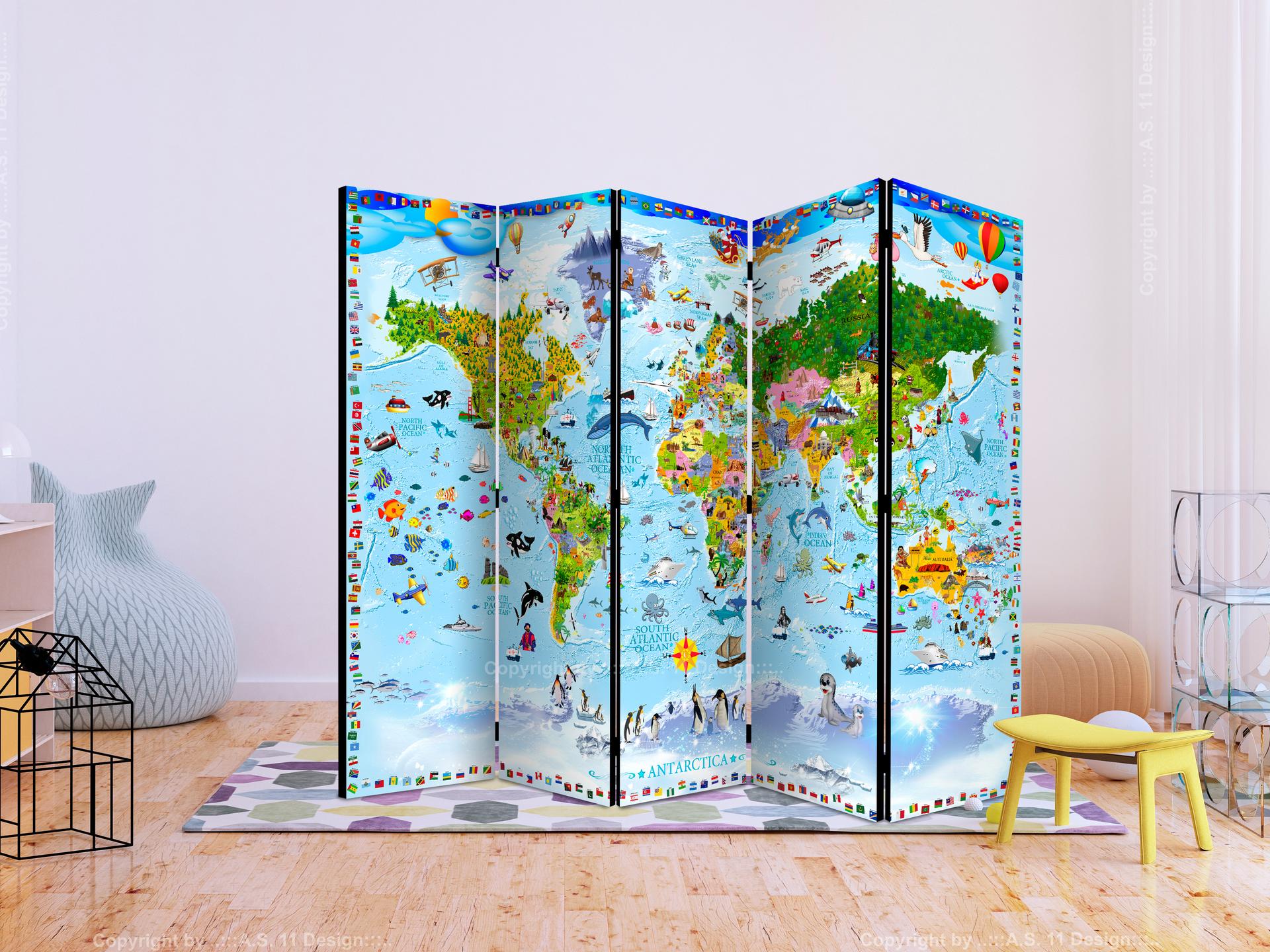 Schermo divisorio - Mappamondo per bambini , 5 pezzi - 225x172 cm