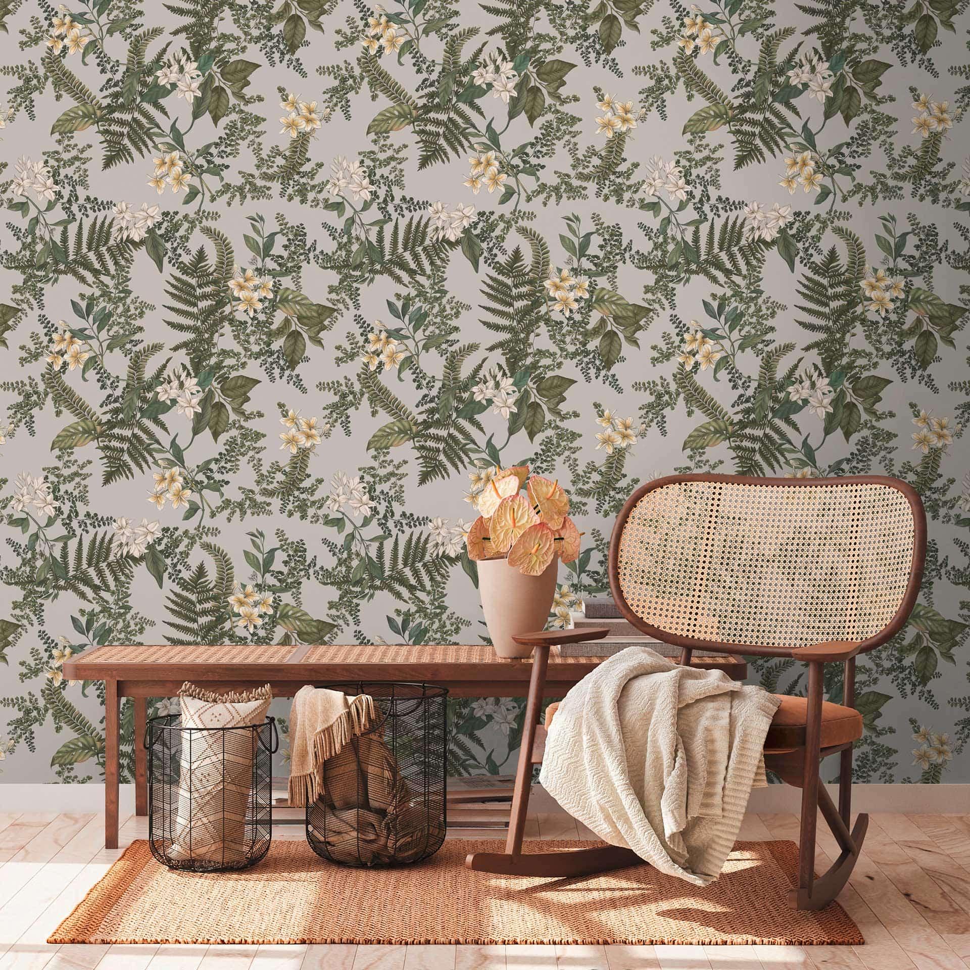 plantetapet med blomster grågrøn - non-woven tapet med blomstermotiver