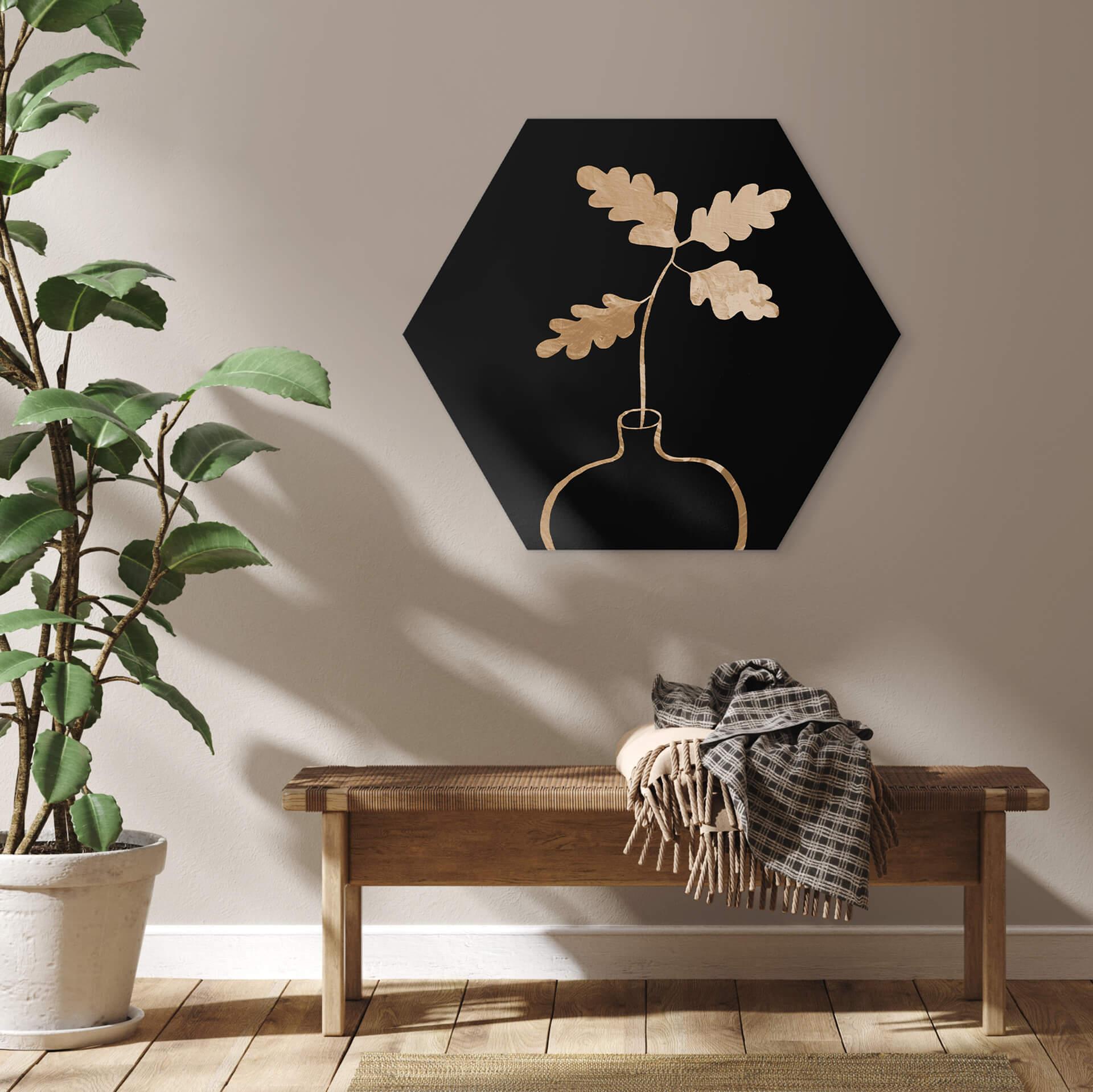 Hexagon Dibond 1X Studio - Gouden Bloemen in een Vaas - Abstract