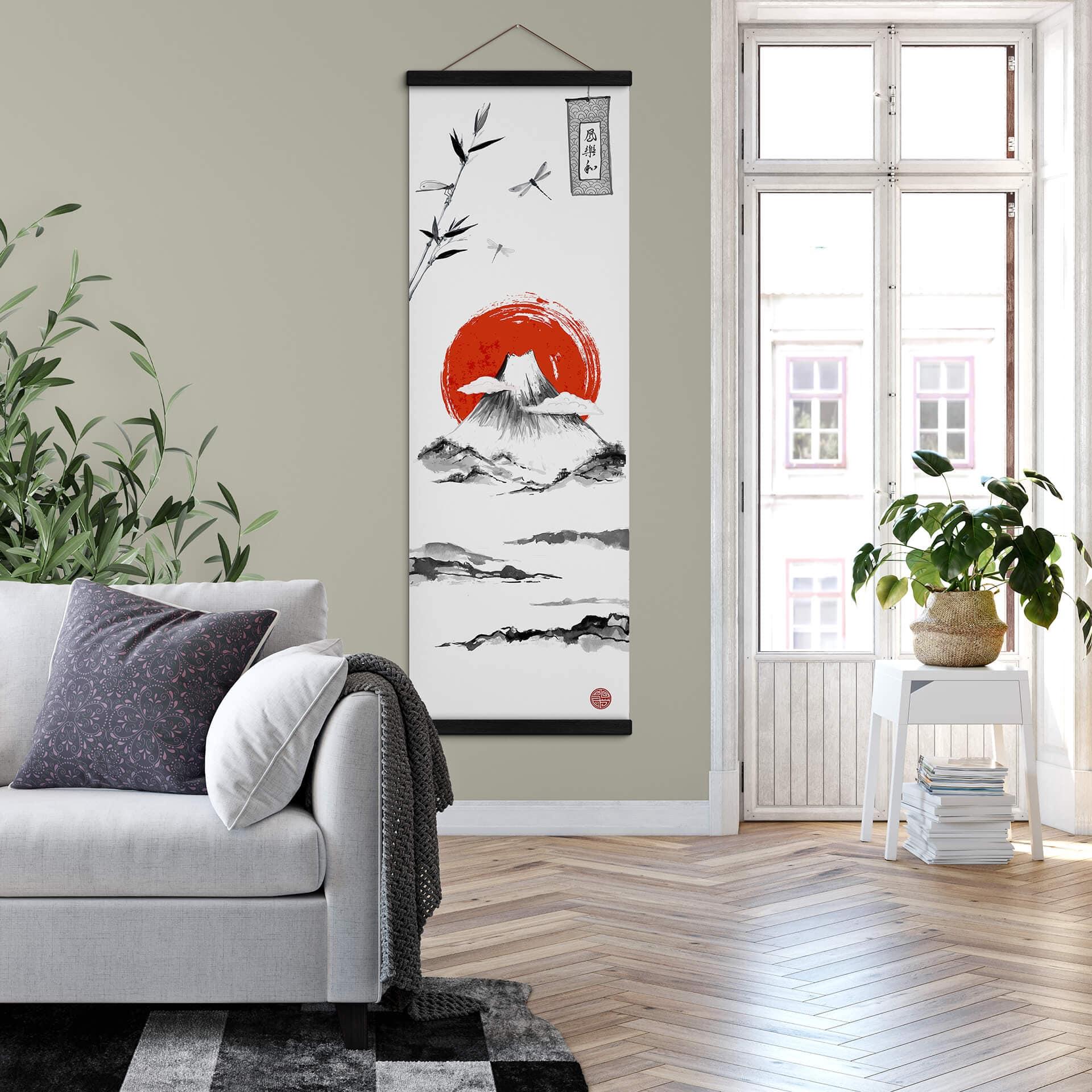 Póster de tela Paisaje japonés - tinta negra - Panorama