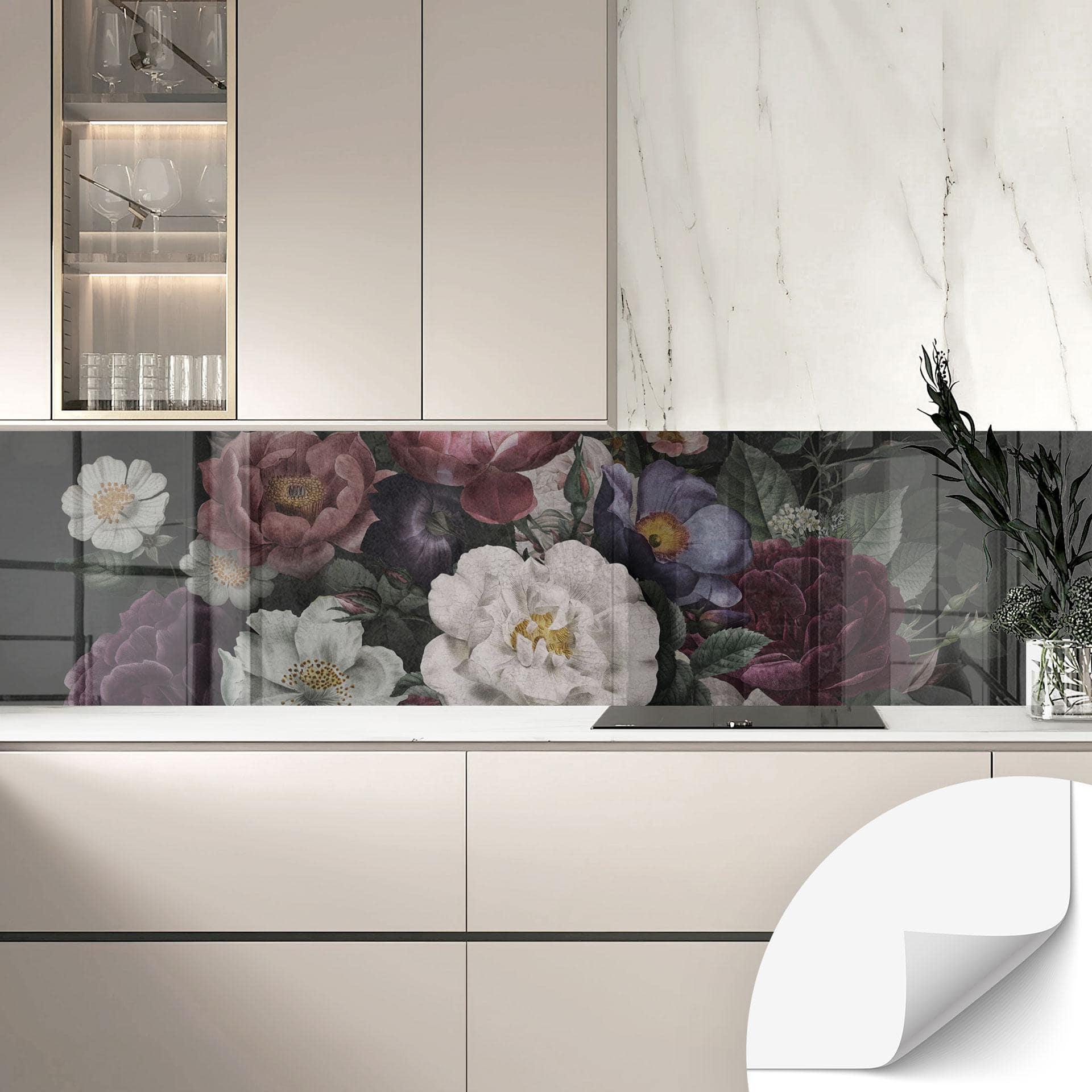 Selvklæbende Stænkplade til køkken Blomster stilleben i redouté stil - Bloomery Decor