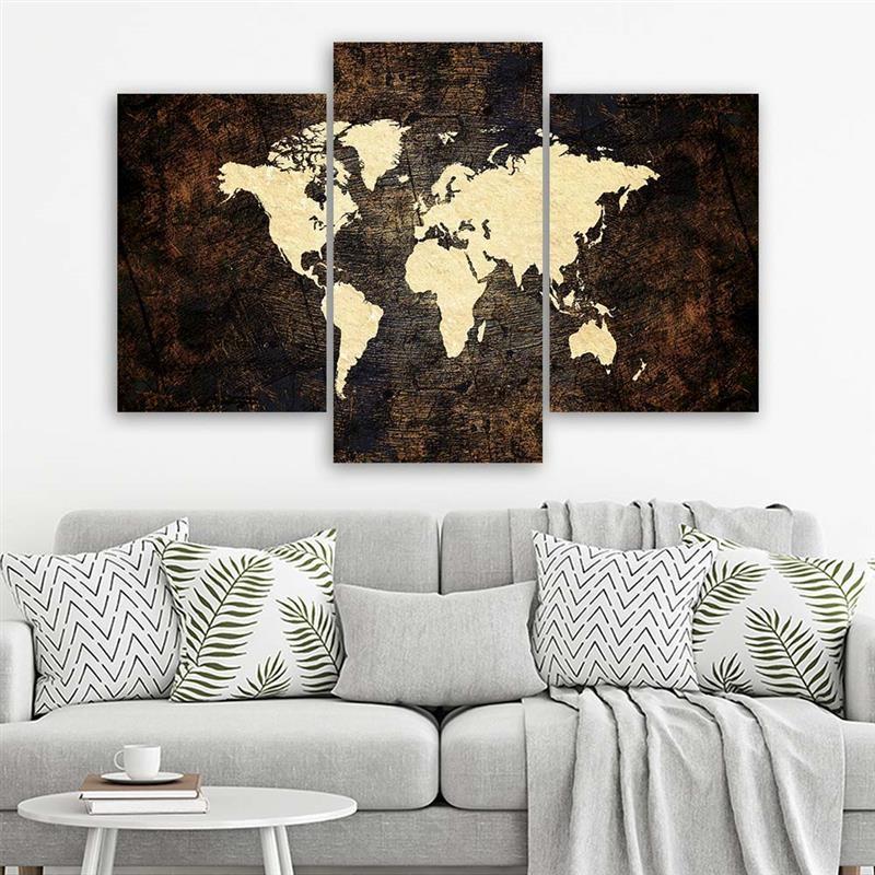 3-delige canvas print wereldkaart bruin
