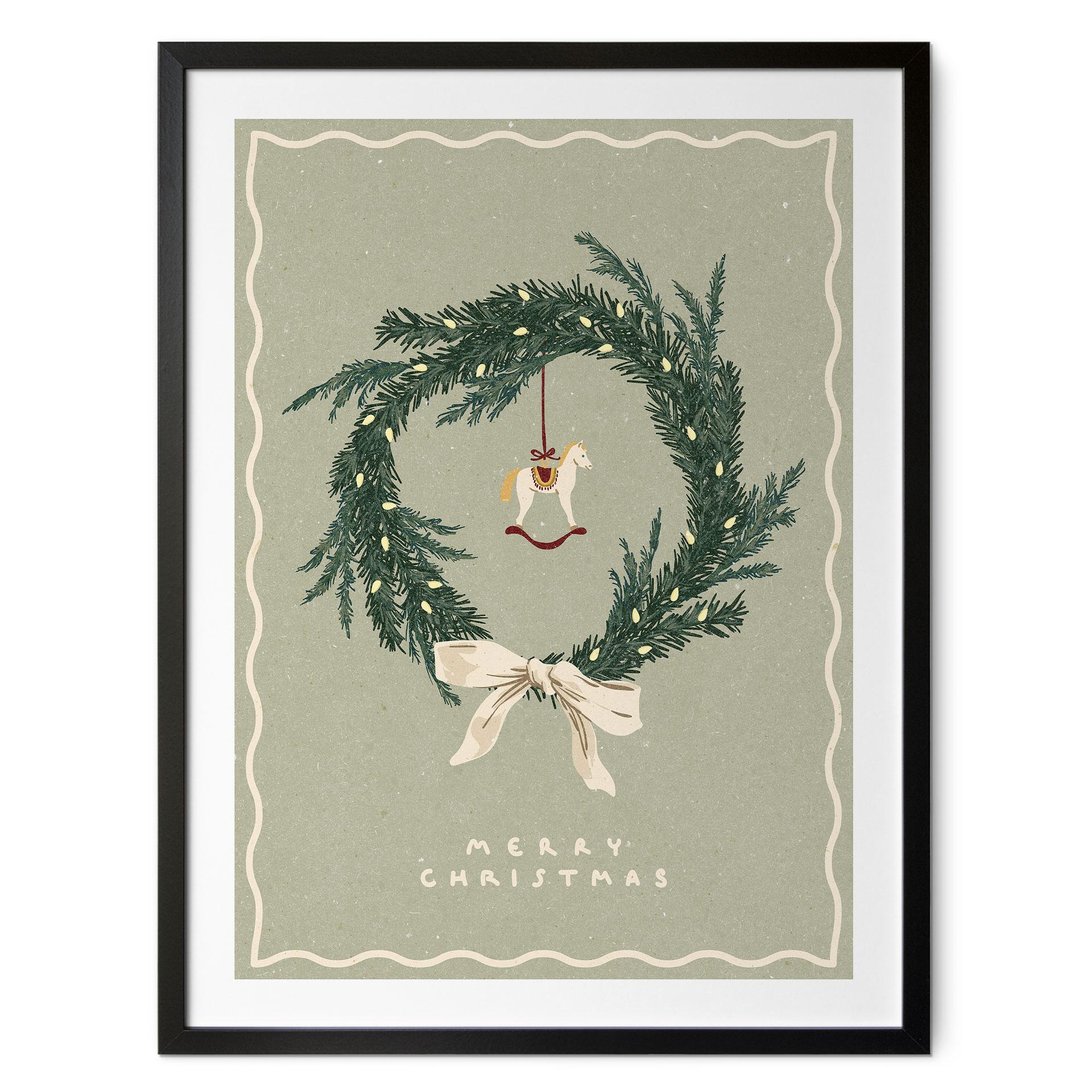 Plakat til stuen - julekrans med gyngehest - NKTN