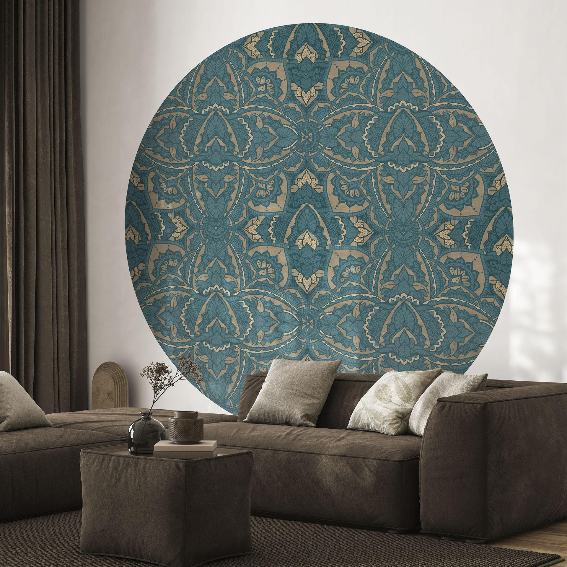 Boho vintage mandala fototapet i turkis guld - Bloomery Decor - Rundt - Selvklæbende/ikke-vævet