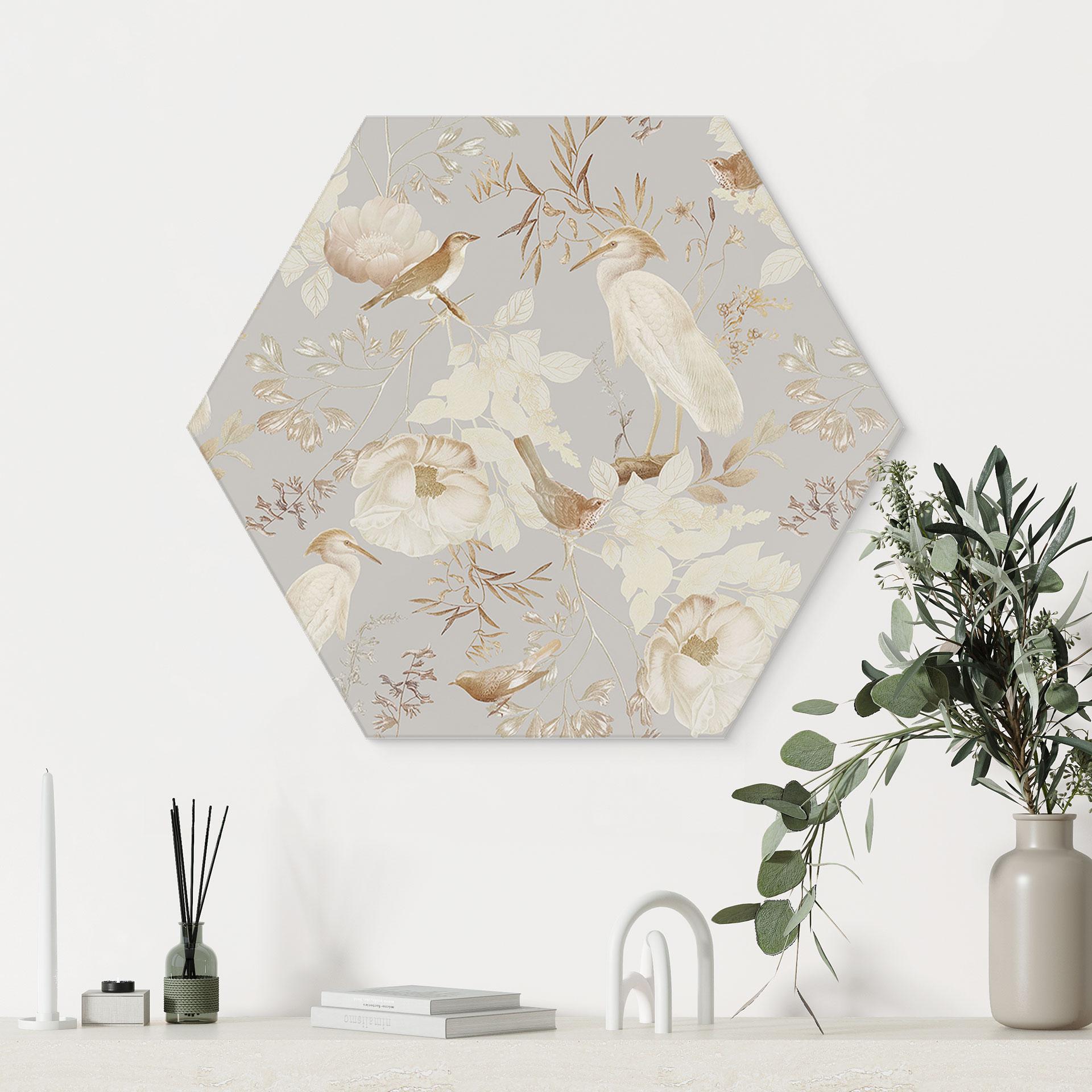 Hexagon Dibond Fugle blandt hvide blomster - UN Designs